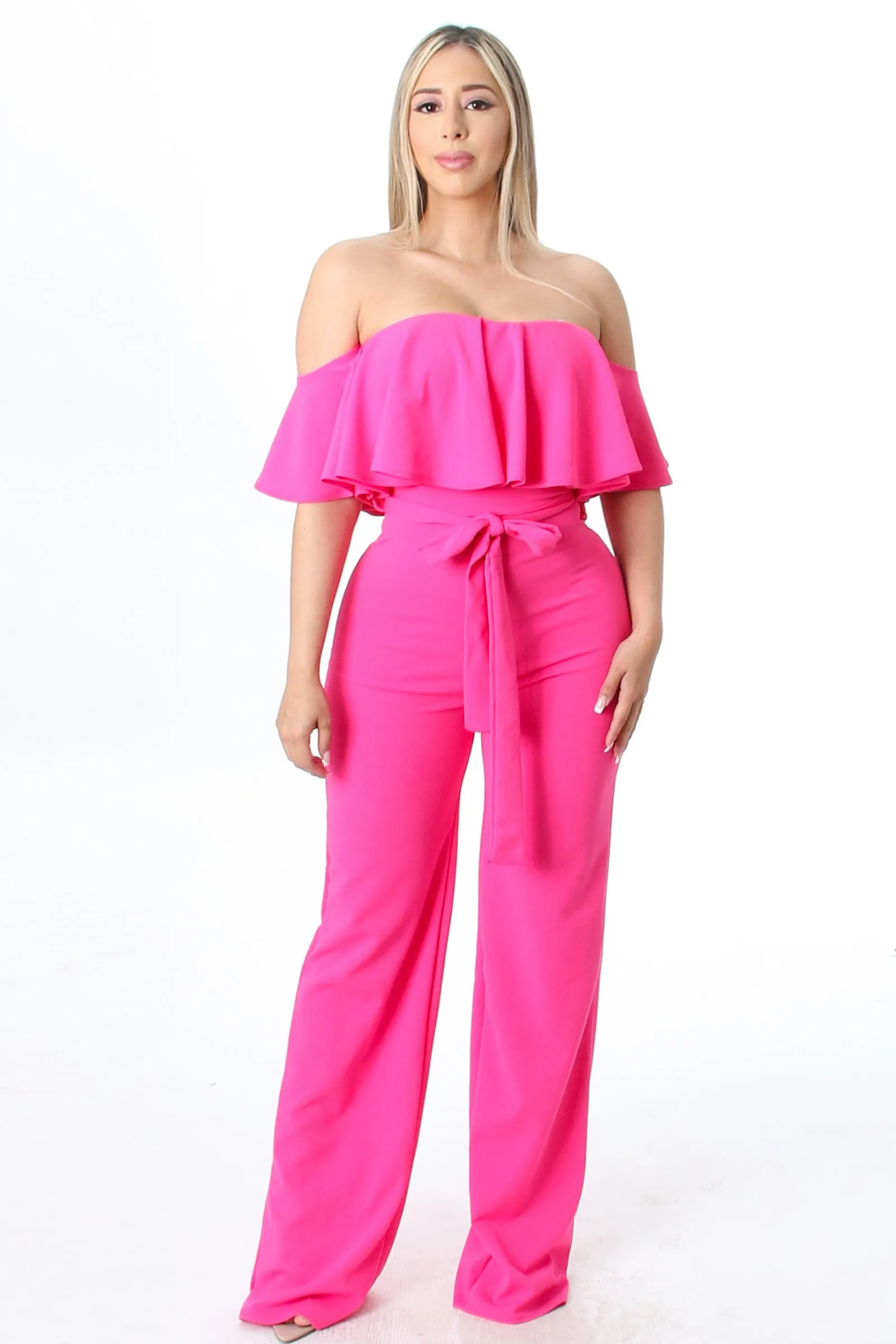 Fuchsia Off Shoulder Wide Leg Jumpsuit