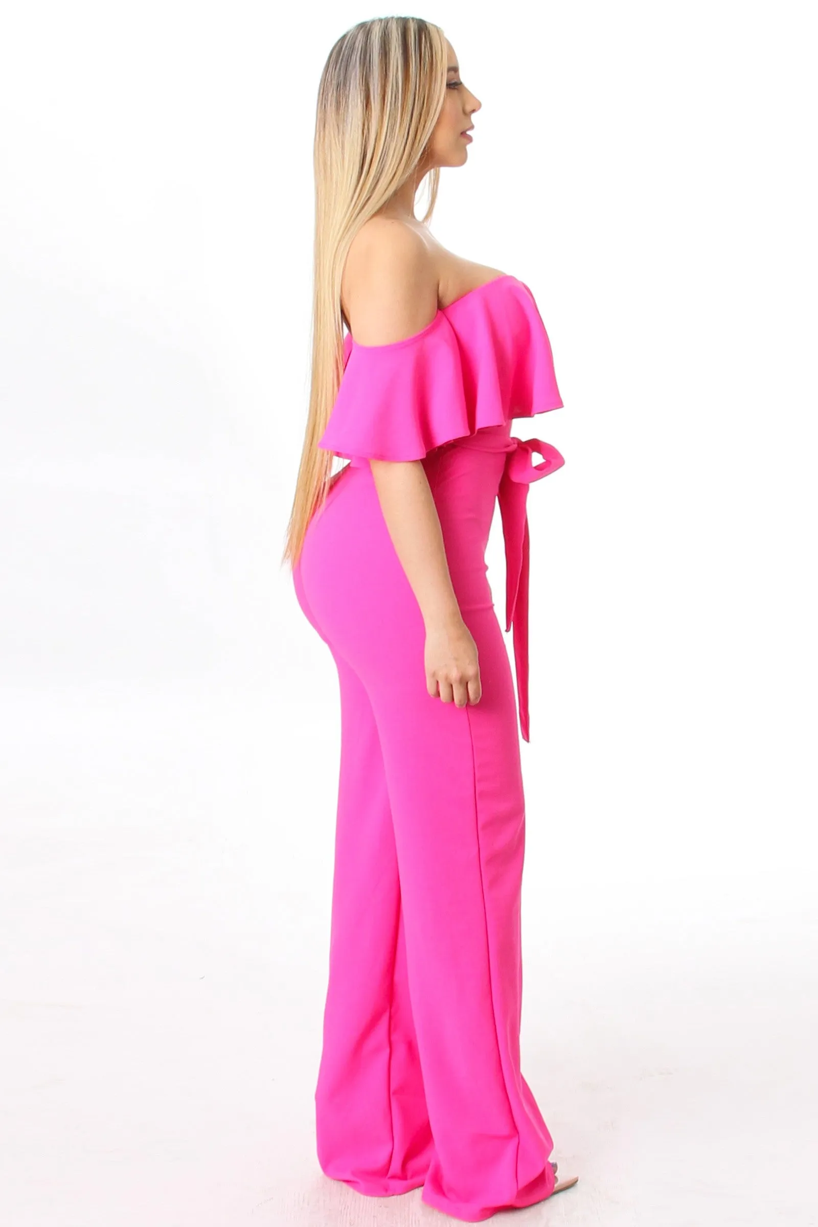 Fuchsia Off Shoulder Wide Leg Jumpsuit