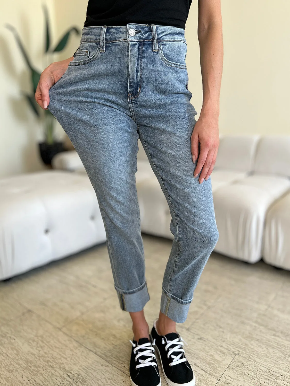 Full Size High Waist Cuff Hem Skinny Jeans