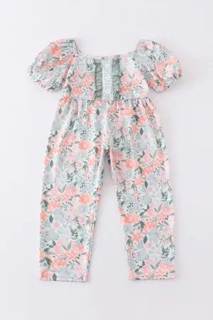 Green Floral Print Ruffle Girl Jumpsuit