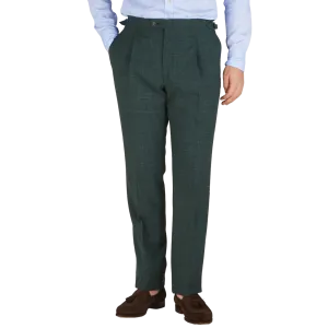 Green Melange Wool Linen Pleated Trousers