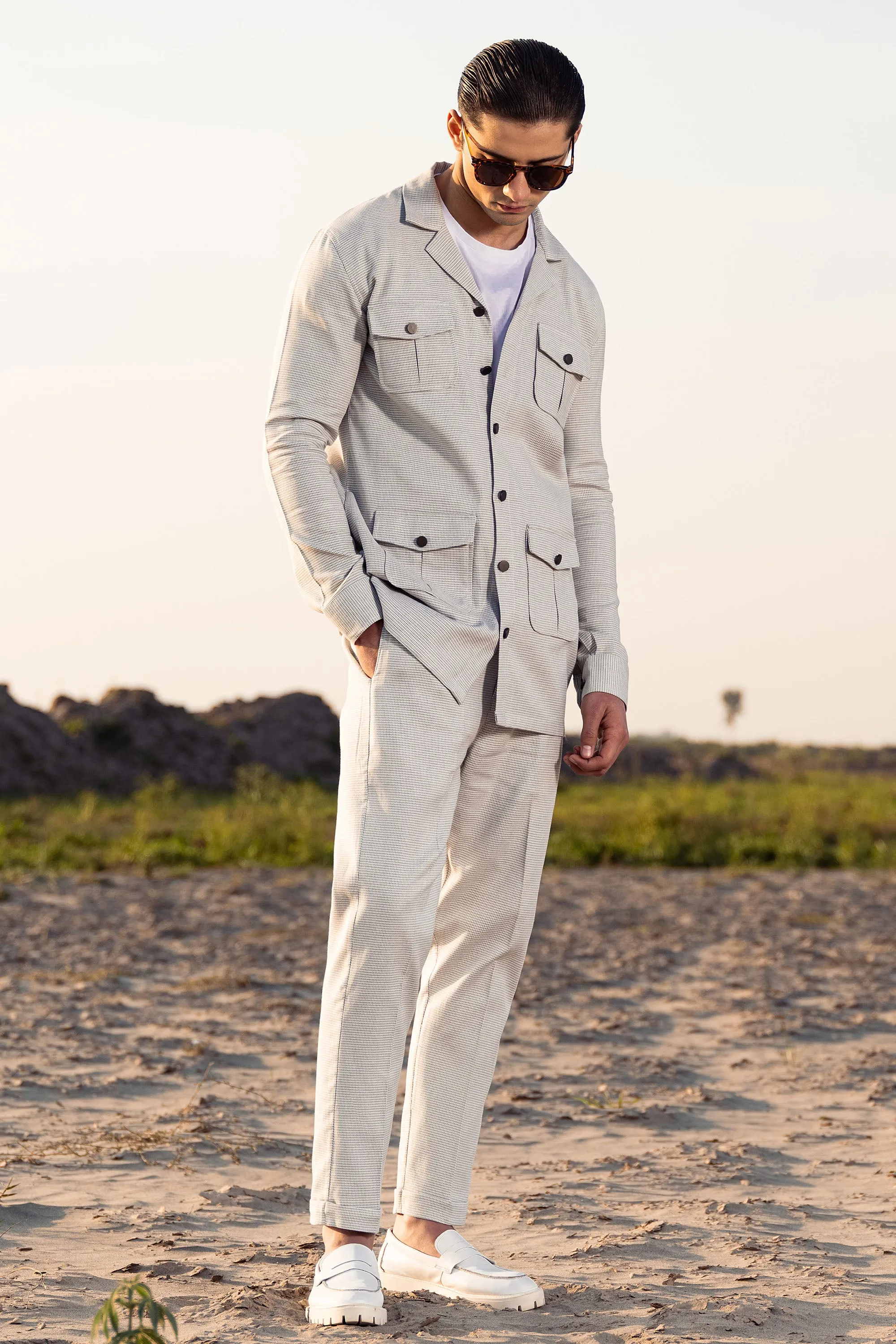 Grey-White Textured Safari Suit