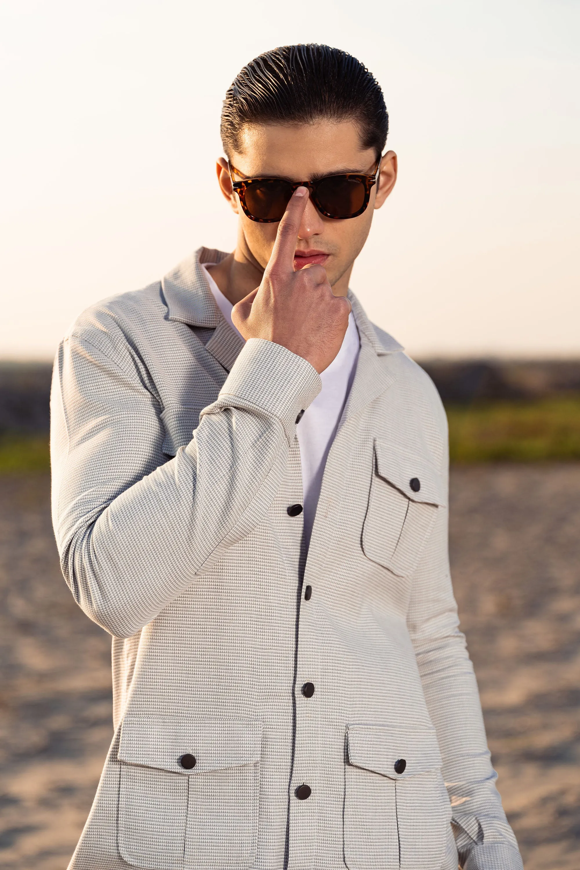 Grey-White Textured Safari Suit