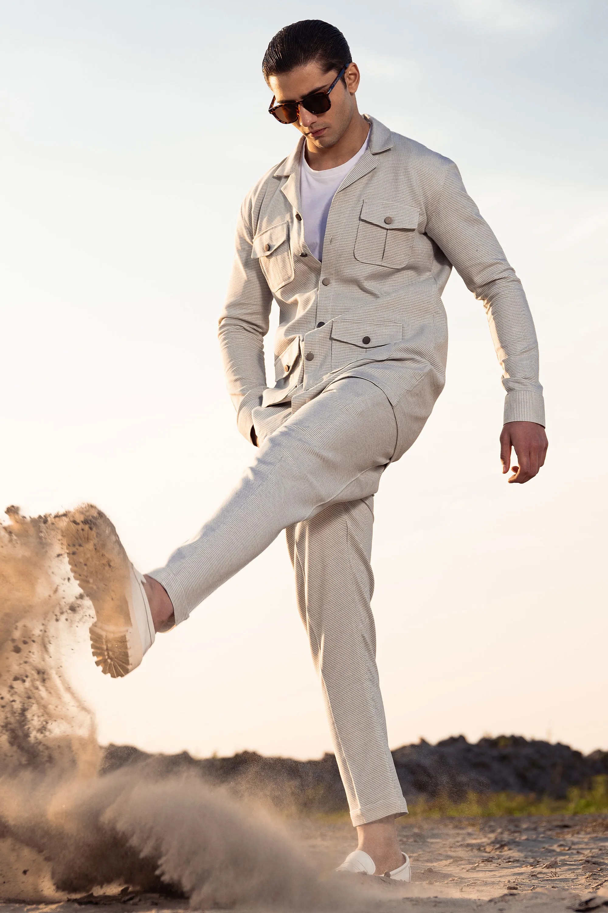 Grey-White Textured Safari Suit