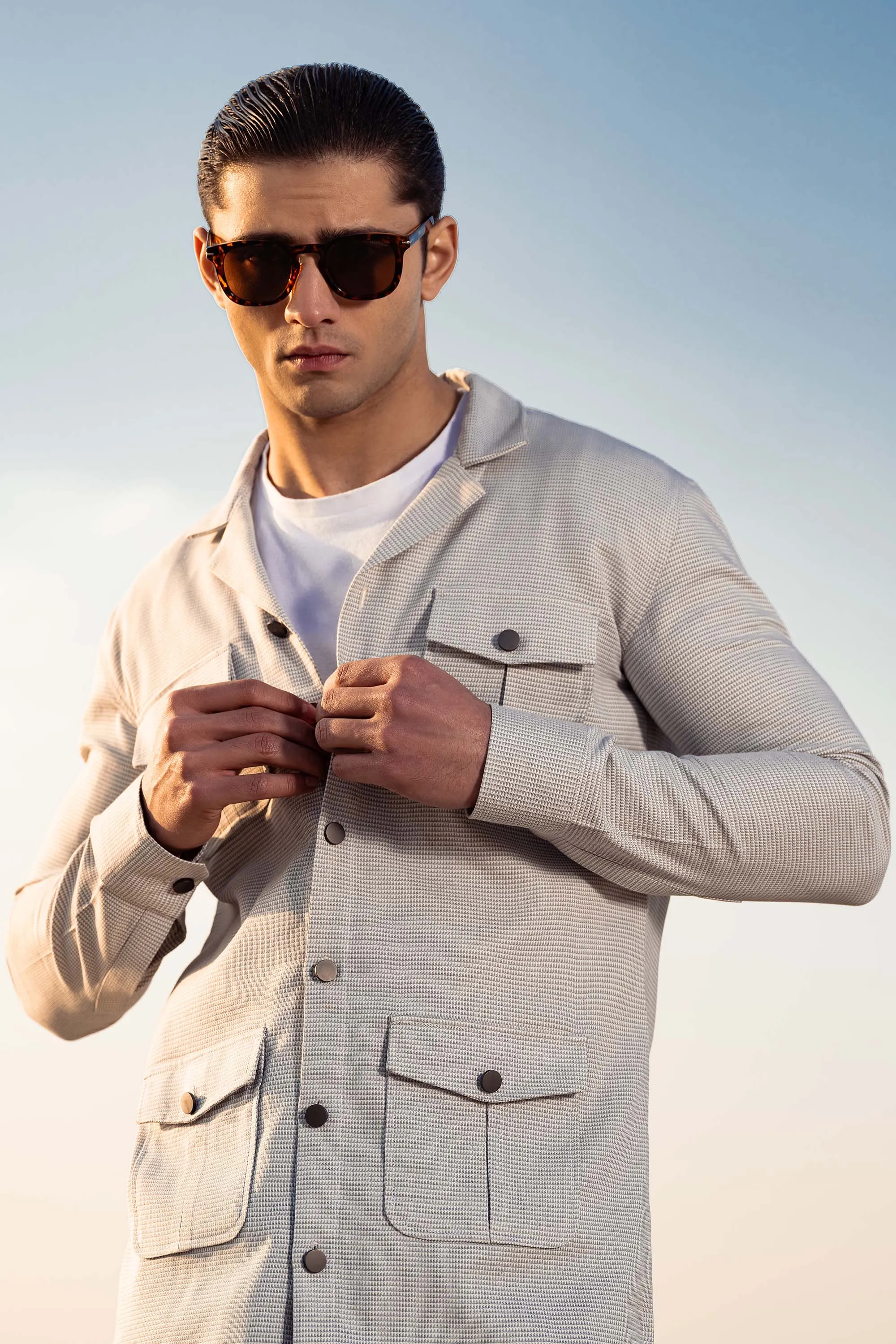 Grey-White Textured Safari Suit