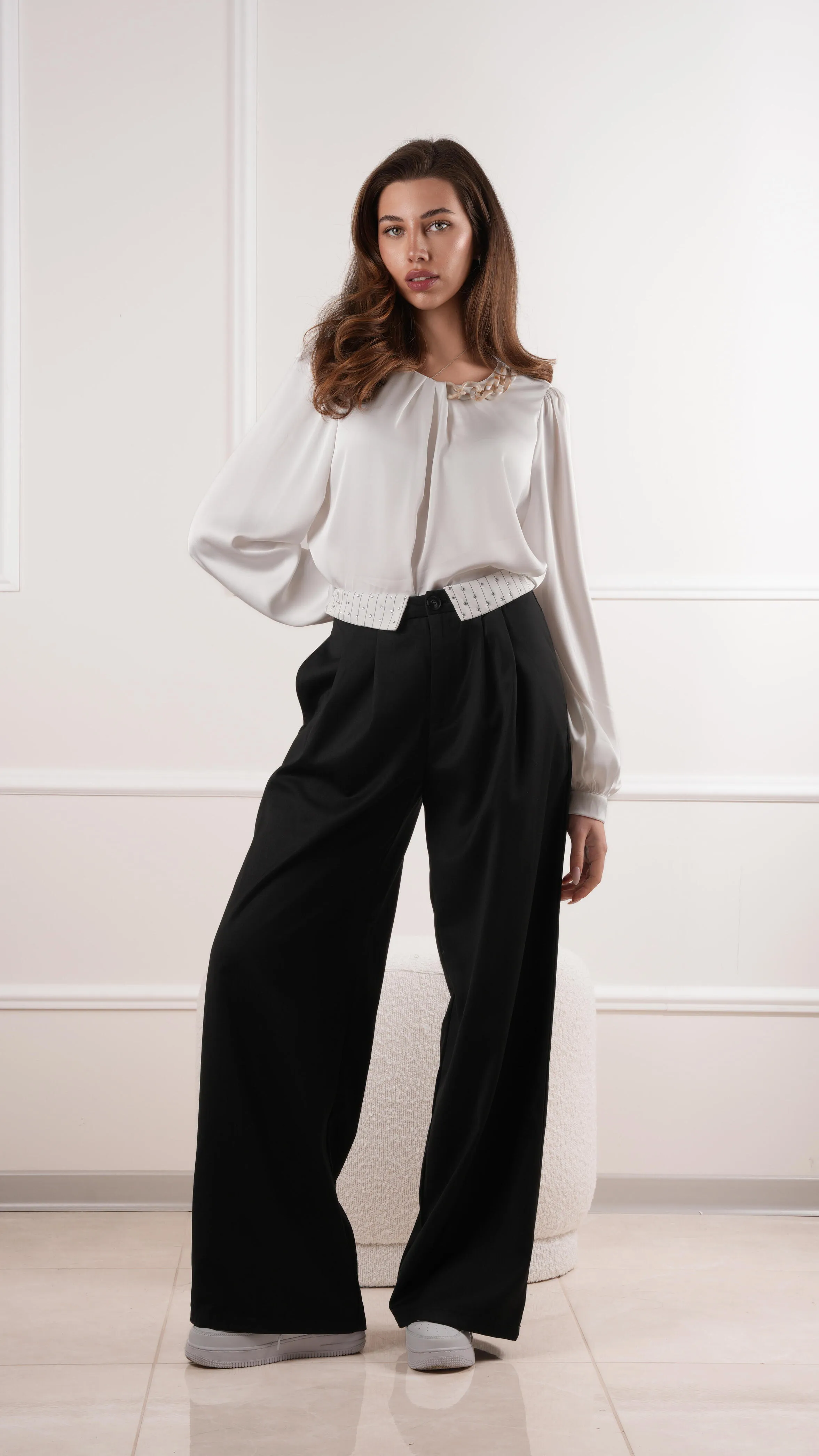 High-waisted wide leg trousers with embellished waistband wholesale