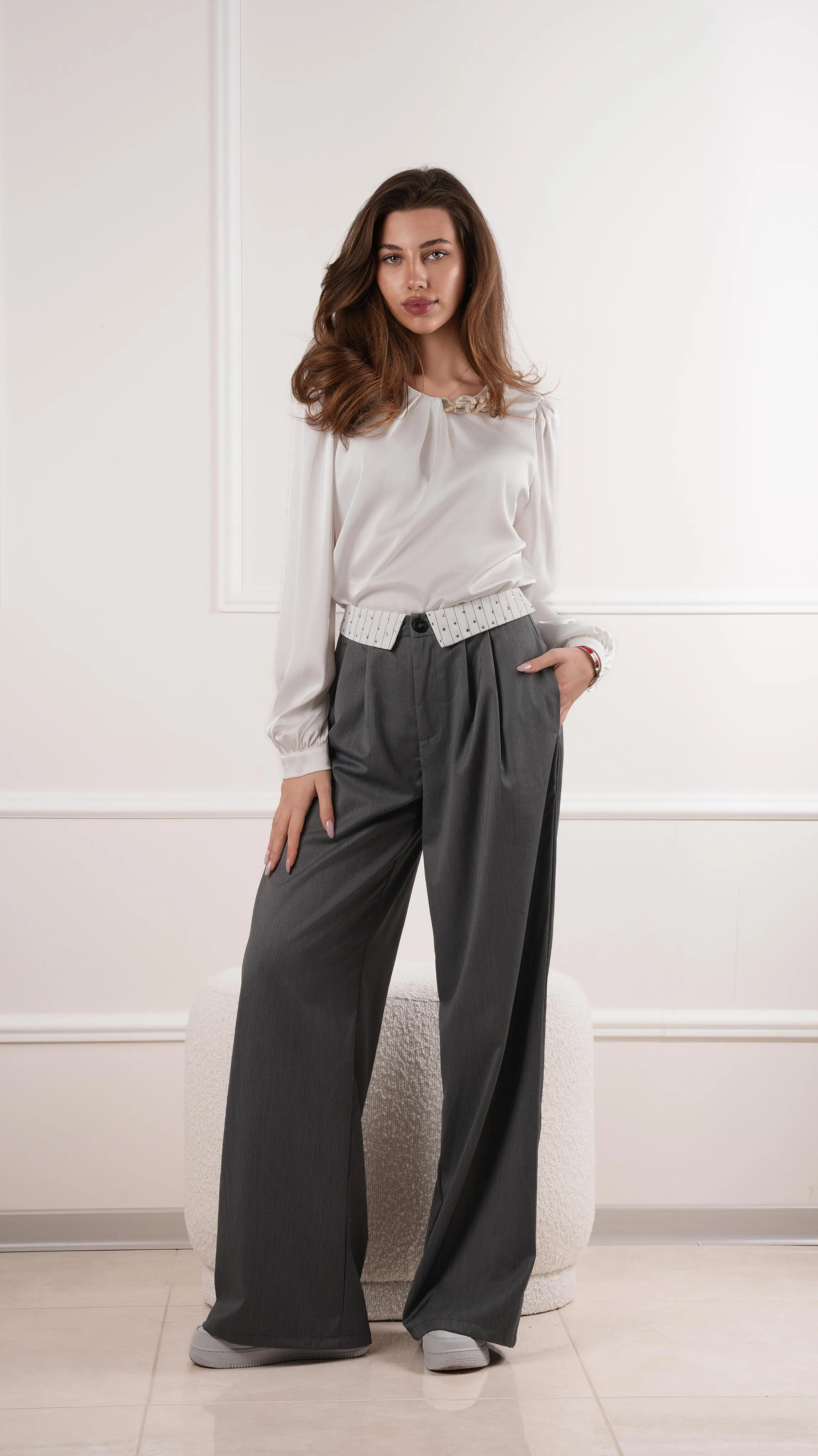 High-waisted wide leg trousers with embellished waistband wholesale