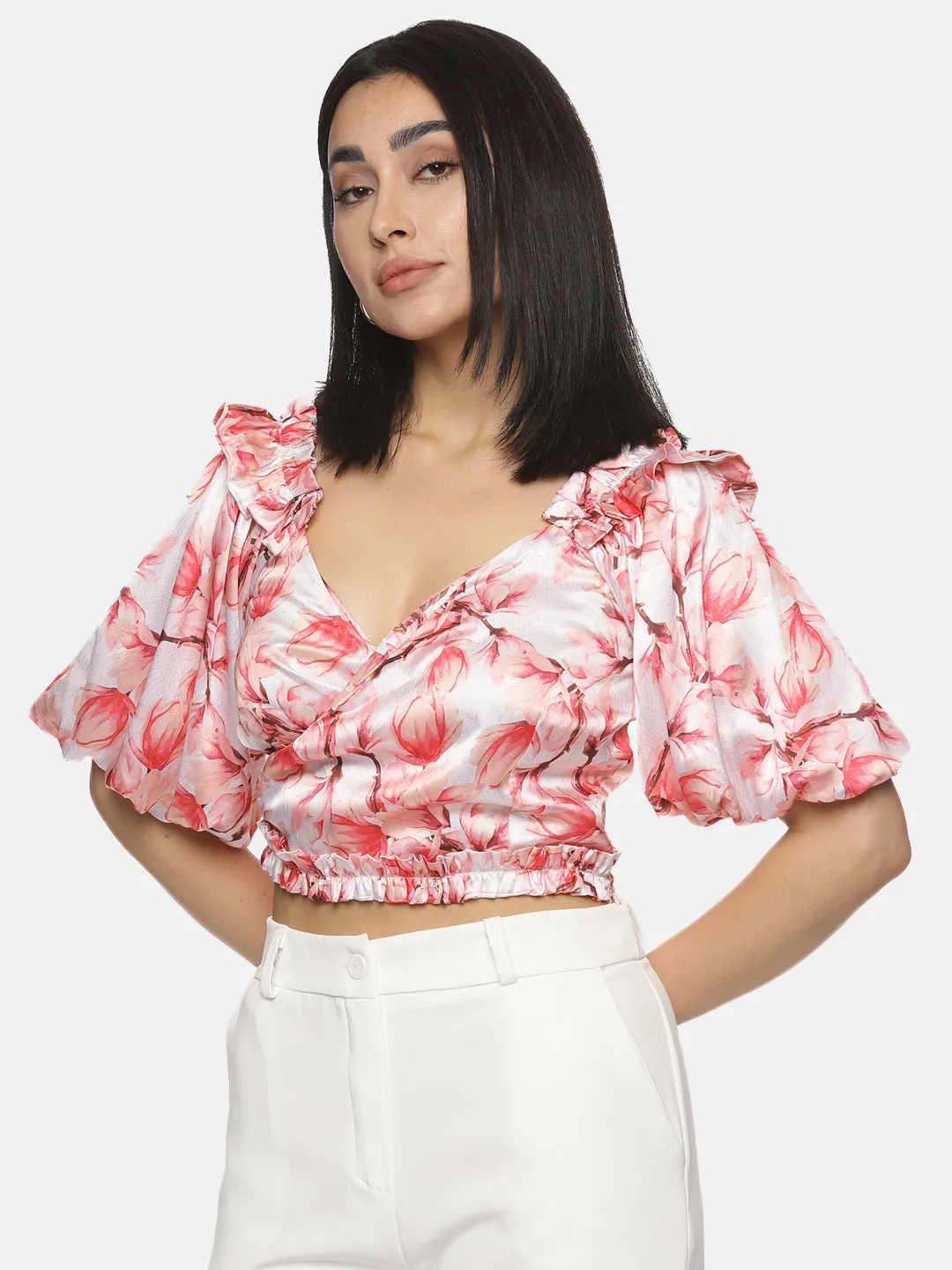 IS.U Floral Pink Wrap Crop Top