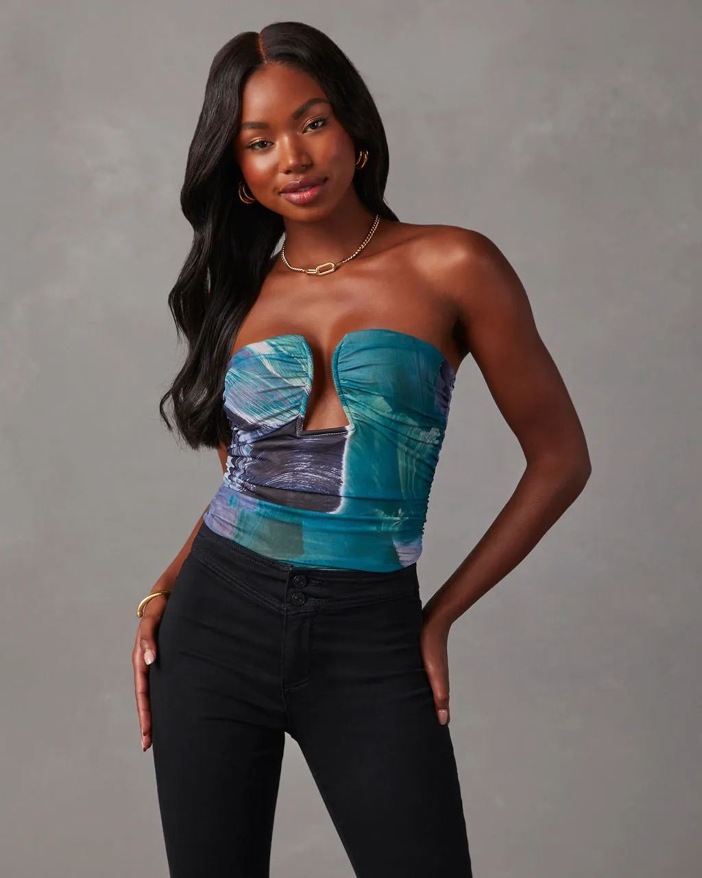 Jazlynn Printed Strapless Ruched Cutout Bodysuit -