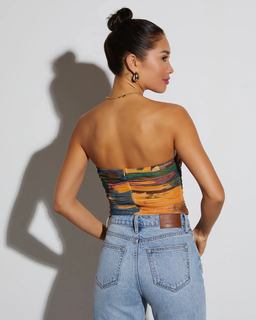 Jazlynn Printed Strapless Ruched Cutout Bodysuit -