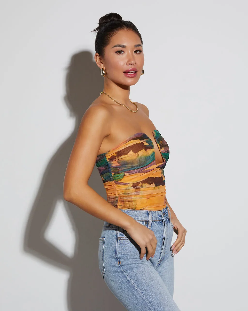 Jazlynn Printed Strapless Ruched Cutout Bodysuit