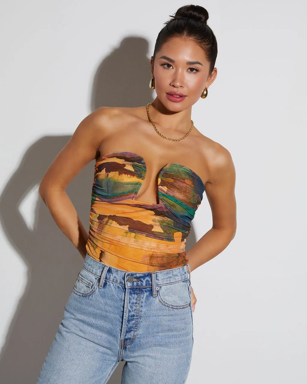 Jazlynn Printed Strapless Ruched Cutout Bodysuit