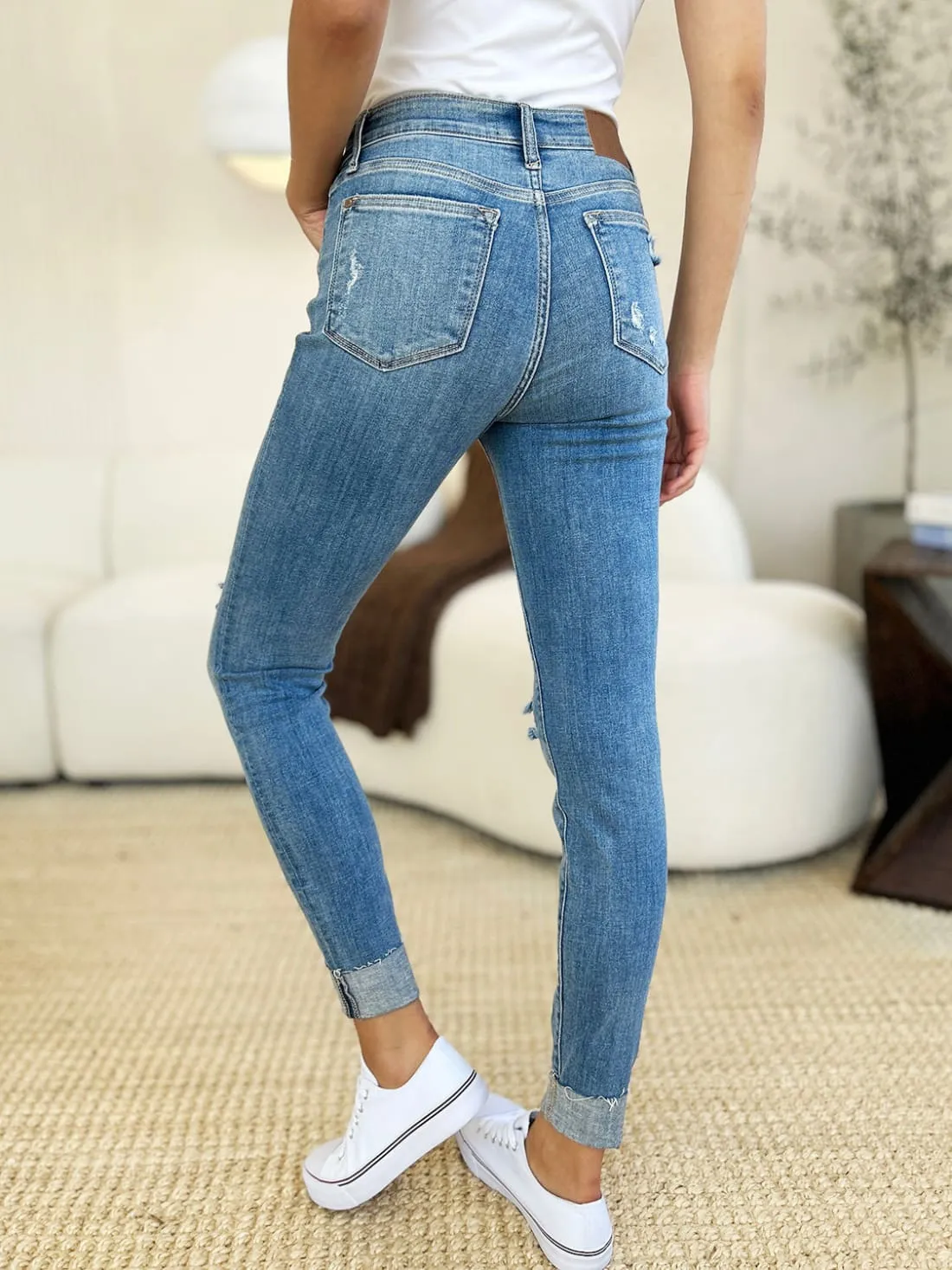 Judy Blue Mid Rise Destroy & Cuff Skinny Jeans