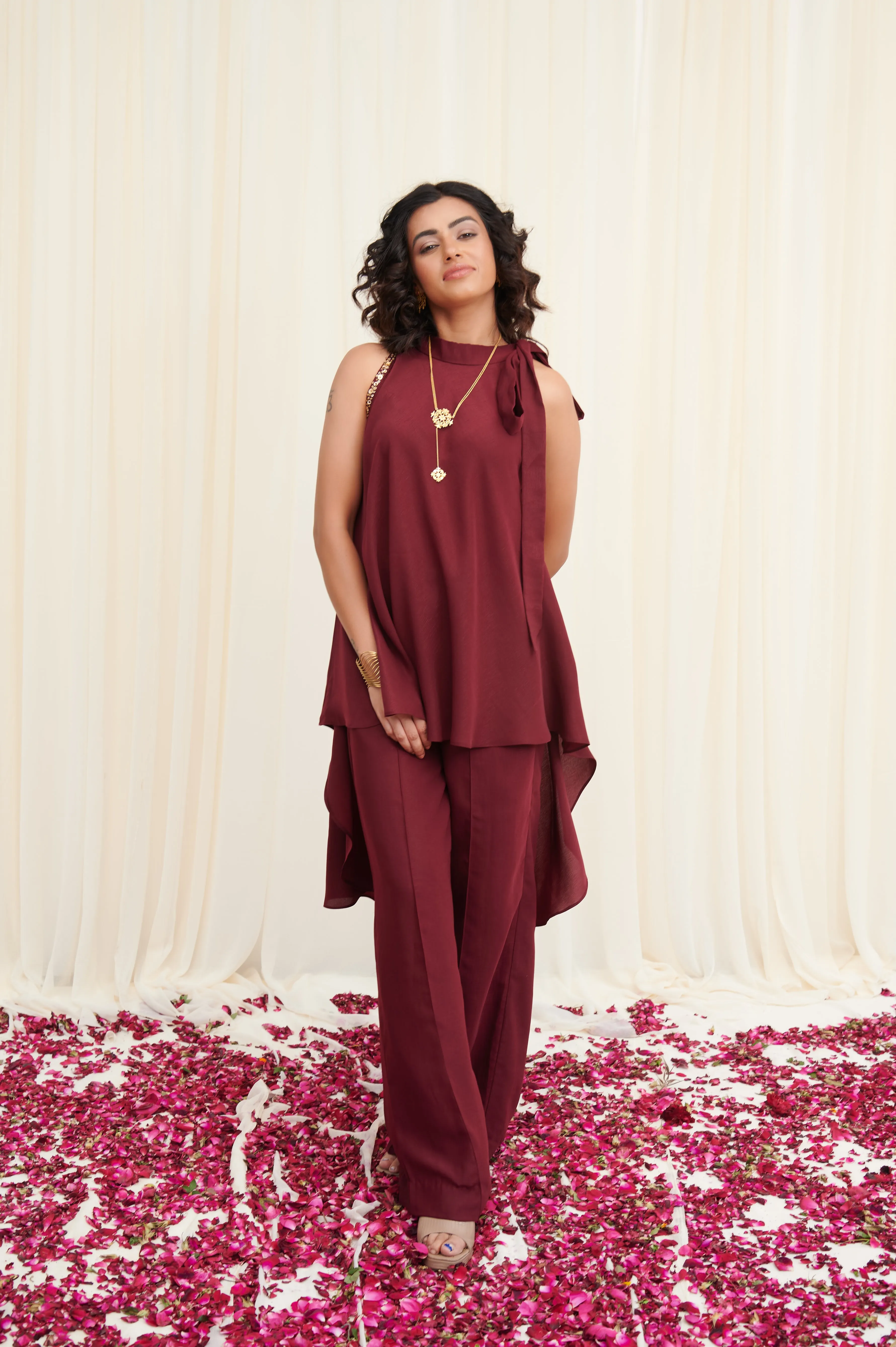 Kangul co-ord set Maroon Crepe Top with pants