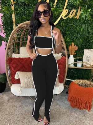 Kricesseen Chic Me Suspender Jumpsuits Two-Piece Outfits Casual Ribbed Rompers Fitted Catsuit Knit Club Overalls Night Clubwear