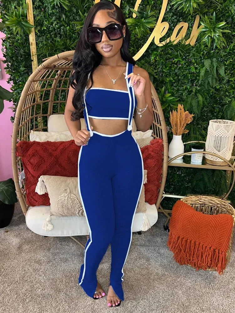 Kricesseen Chic Me Suspender Jumpsuits Two-Piece Outfits Casual Ribbed Rompers Fitted Catsuit Knit Club Overalls Night Clubwear