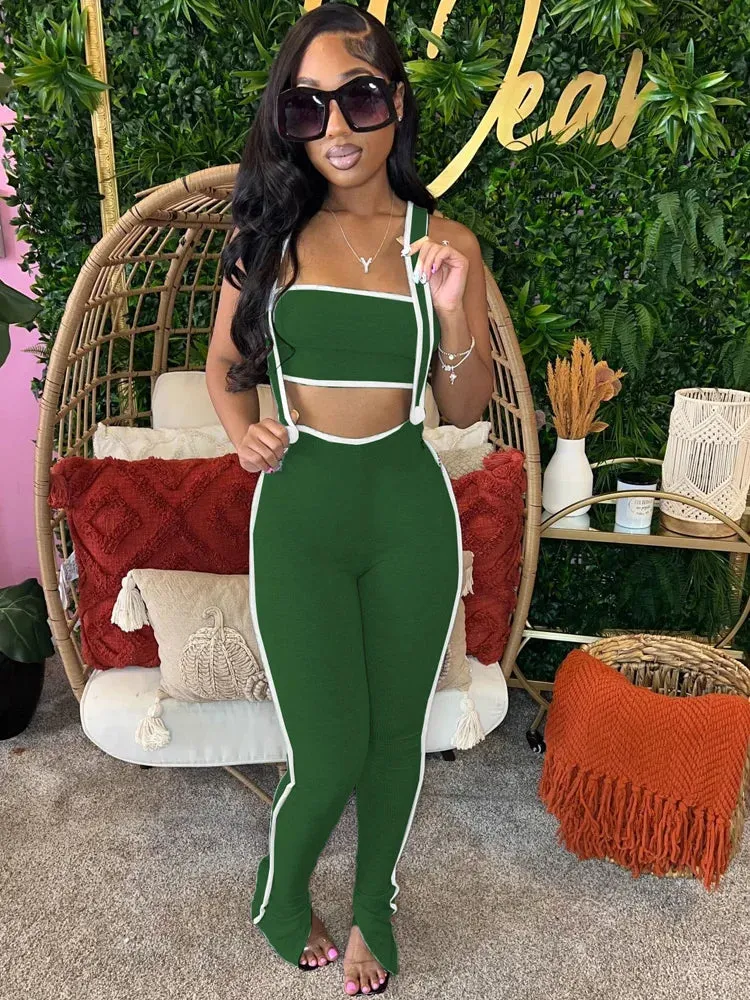 Kricesseen Chic Me Suspender Jumpsuits Two-Piece Outfits Casual Ribbed Rompers Fitted Catsuit Knit Club Overalls Night Clubwear