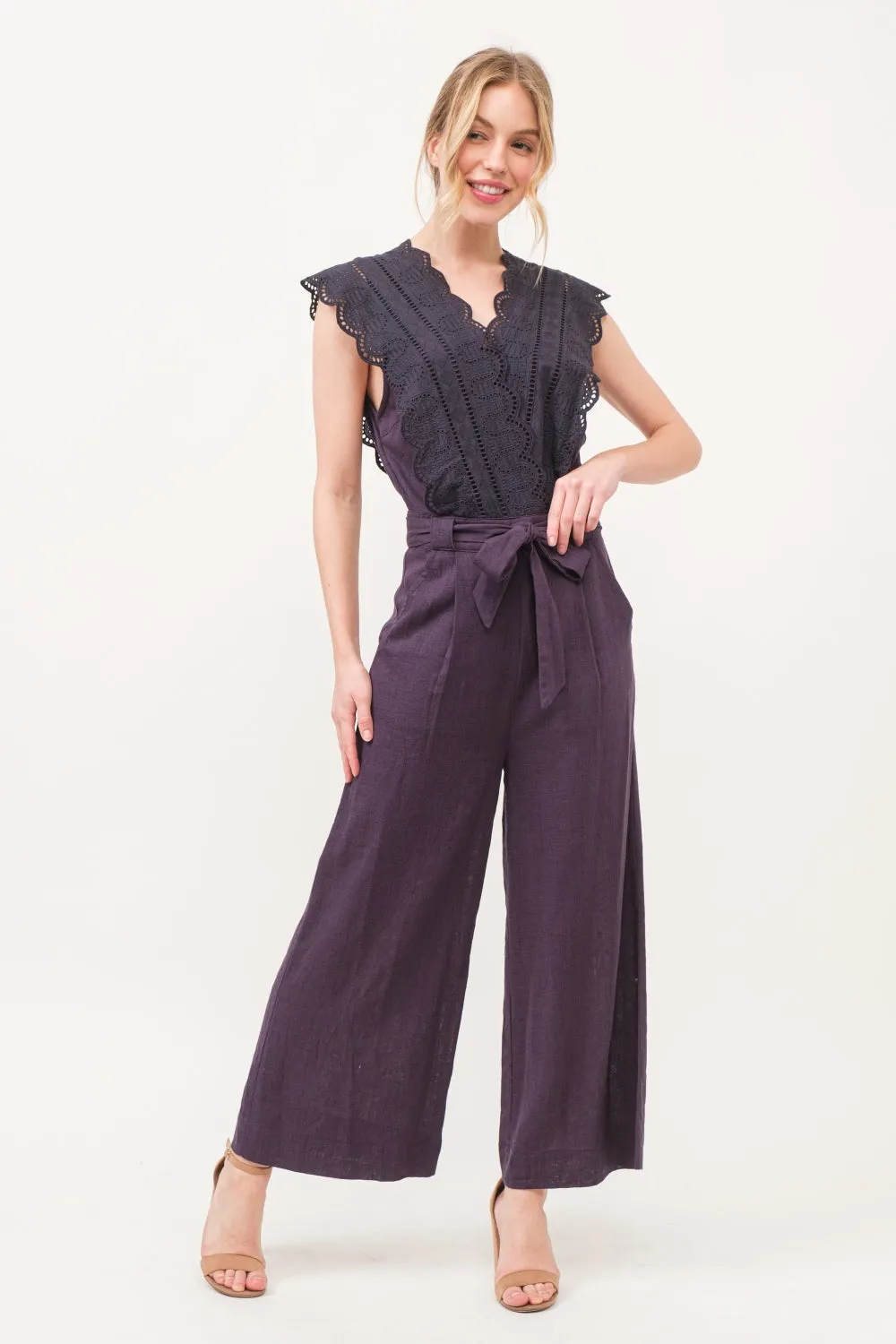 Laced Surplice Tie Waist Jumpsuit