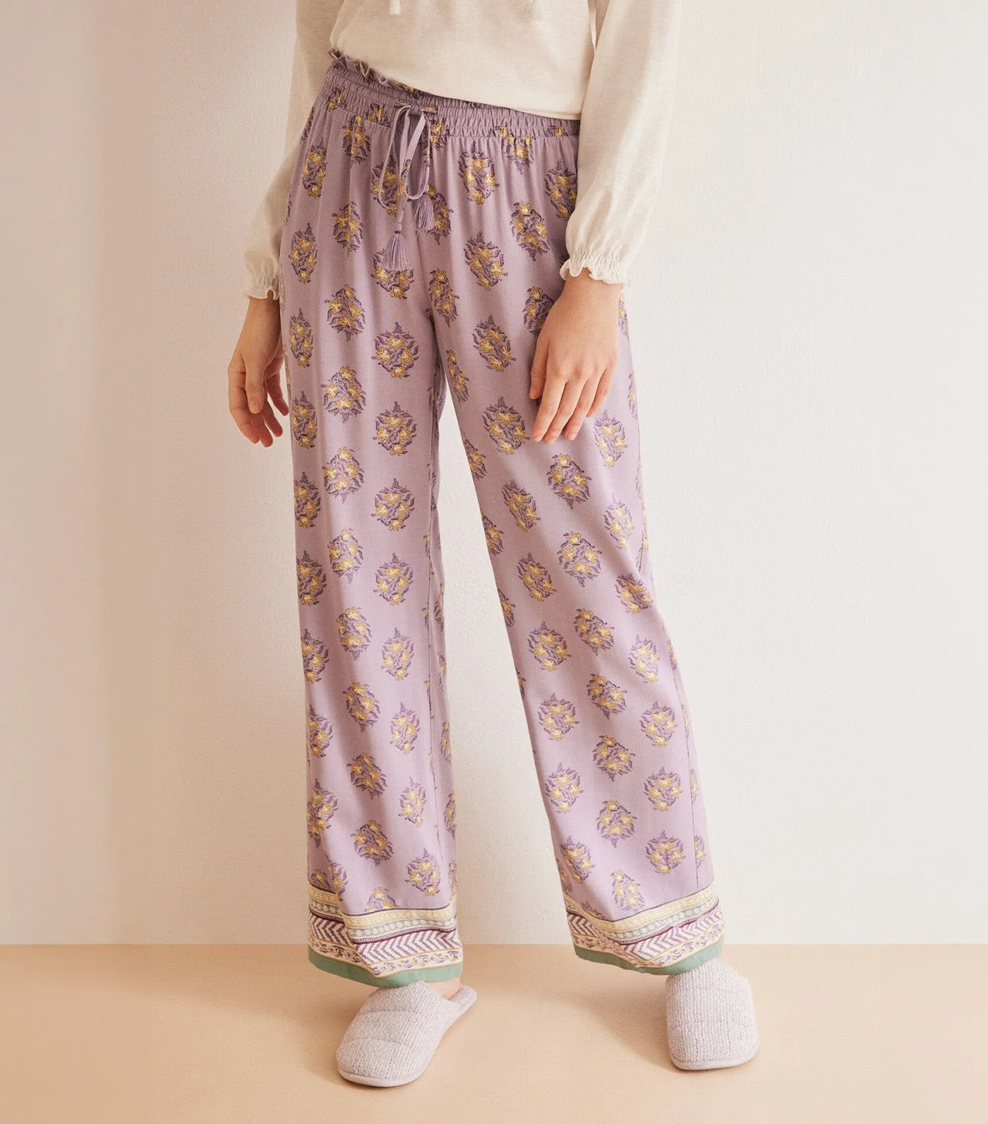 Long Floral Viscose Pajama Pants Purple