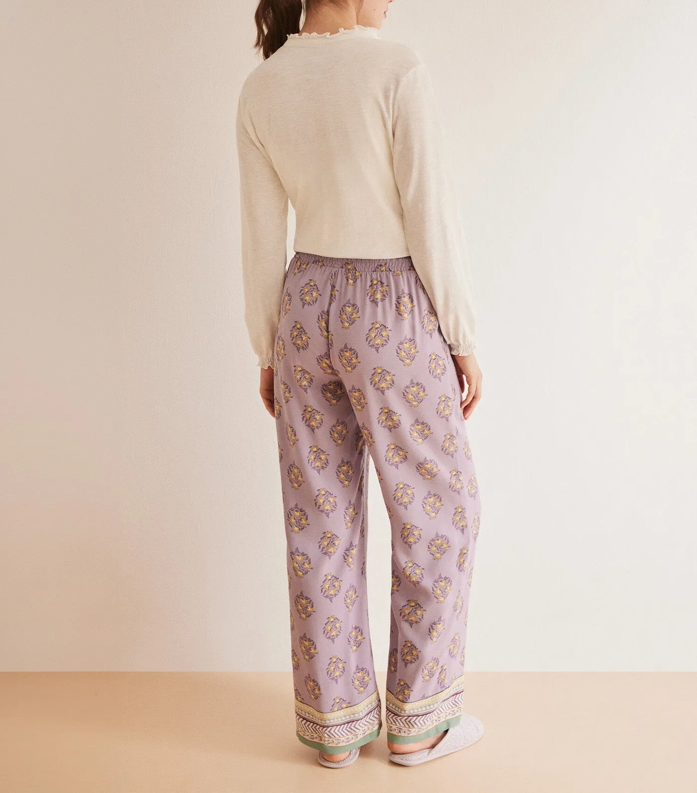 Long Floral Viscose Pajama Pants Purple