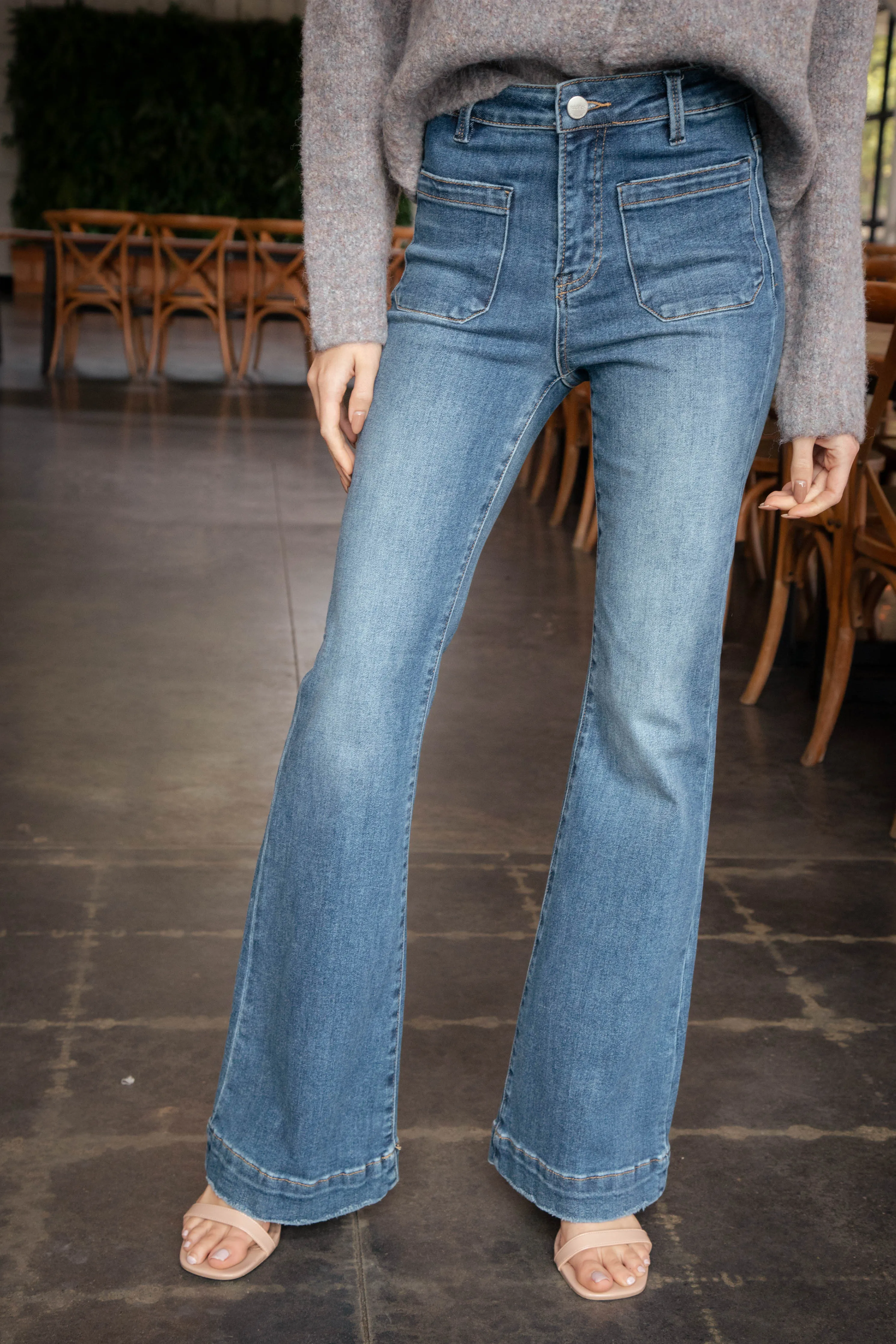 Mabel Patch Pocket Flare Jeans, Washed Dark