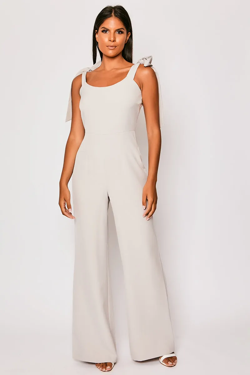 Madellyn - Grey Tie Up Shoulder Palazzo Jumpsuit