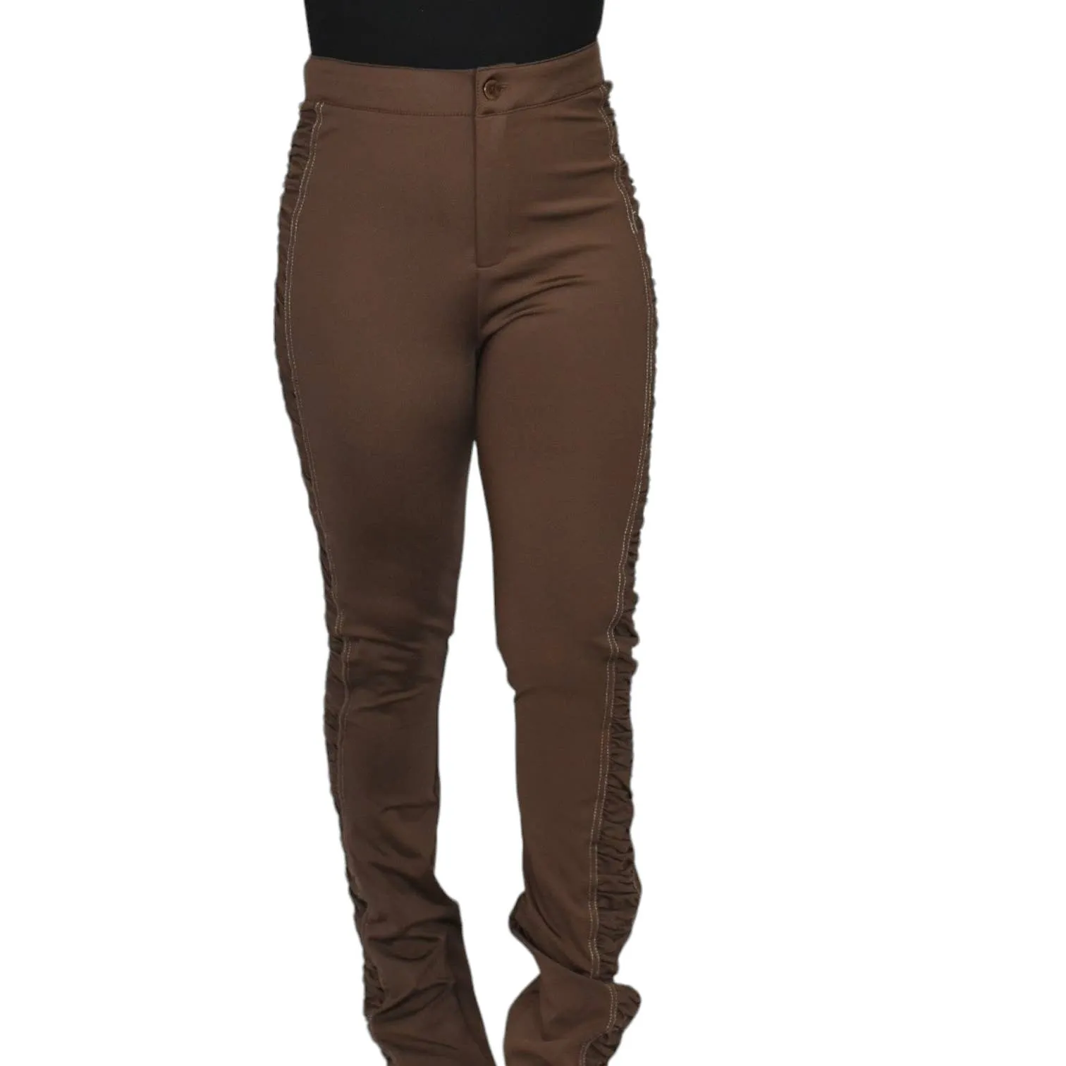 Maniere de Voir Pants Brown Ruched Sides Ankle Zip Stretch Straight High Waist Size 4