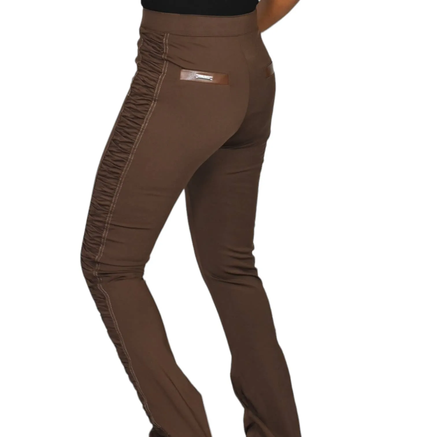 Maniere de Voir Pants Brown Ruched Sides Ankle Zip Stretch Straight High Waist Size 4