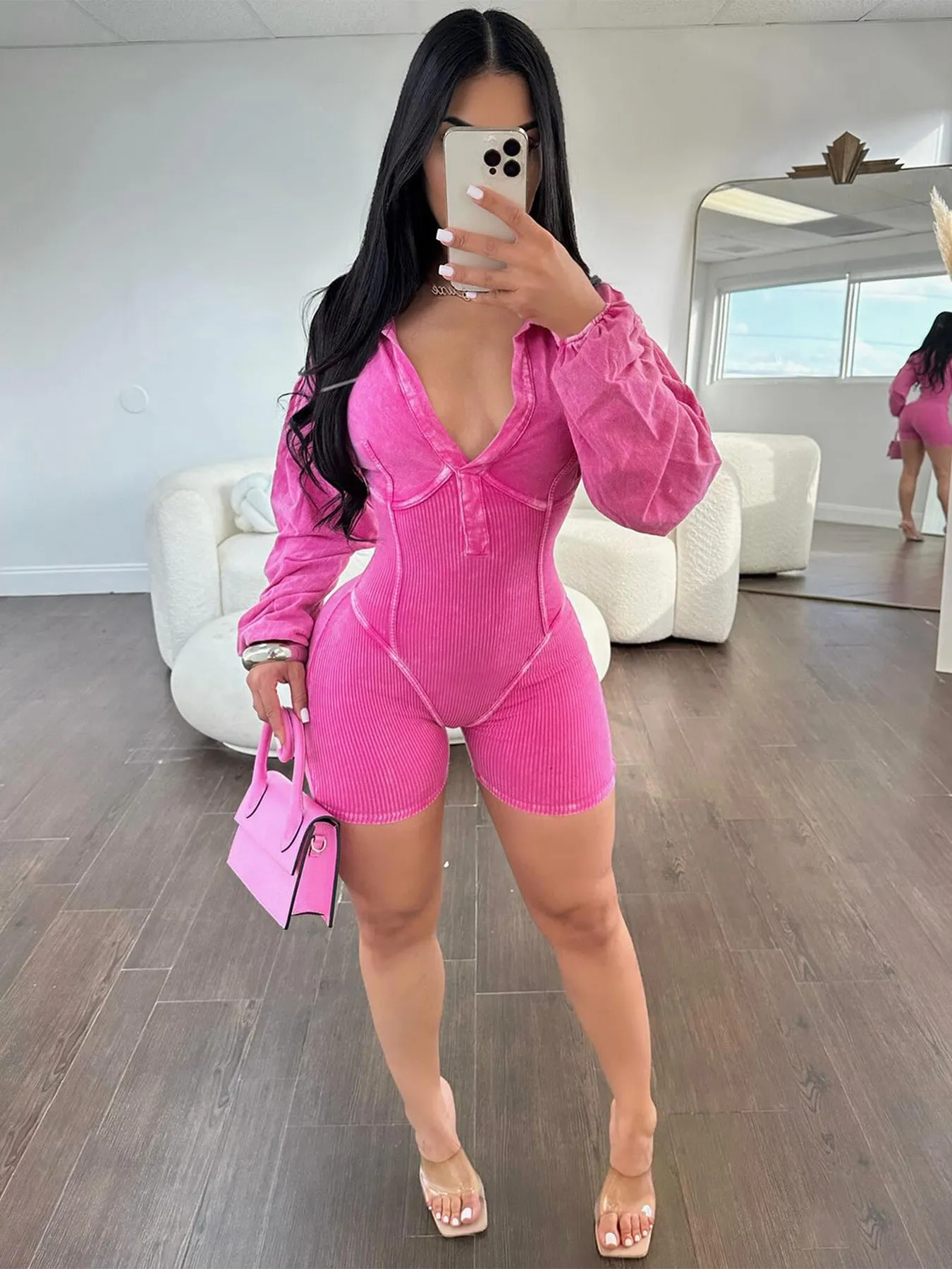 MB FASHION High Quality Ribbed Long Sleeve Collared Corset-Style Short Jumpsuit 4031LY