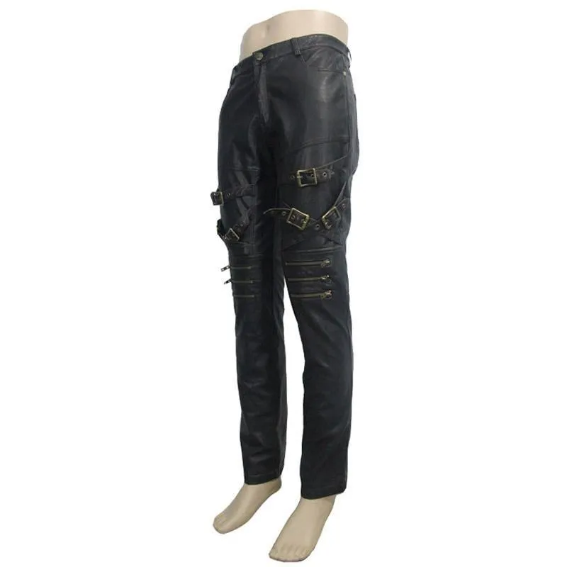 Men's Punk Faux Leather Trousers With Decorative Straps