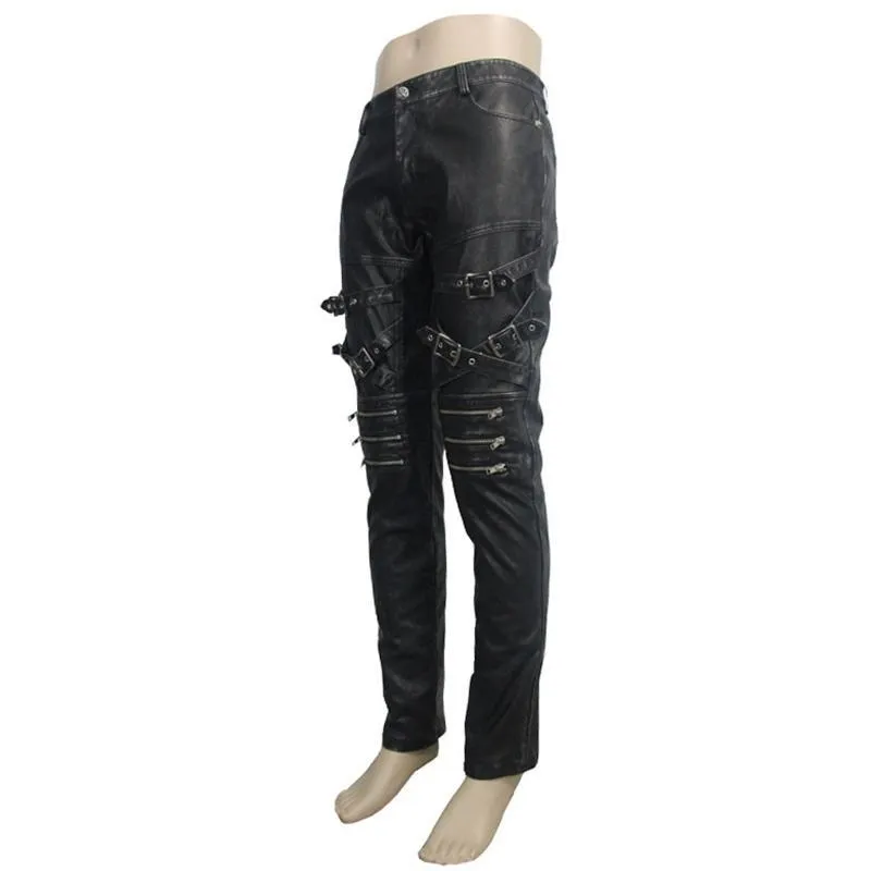 Men's Punk Faux Leather Trousers With Decorative Straps