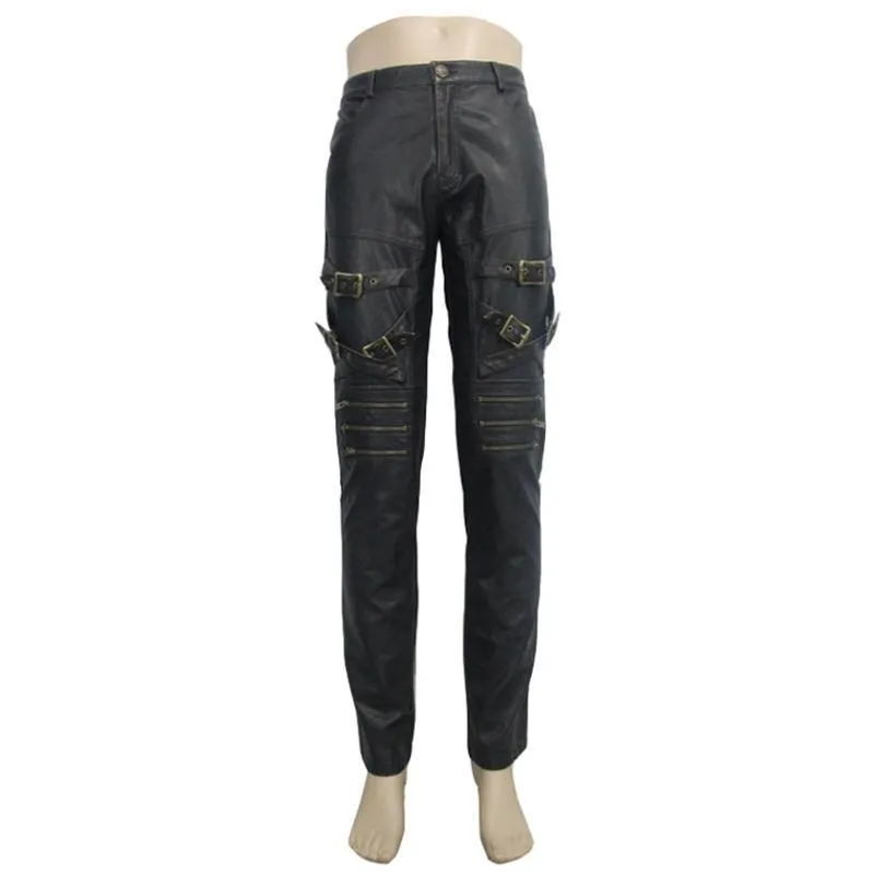 Men's Punk Faux Leather Trousers With Decorative Straps