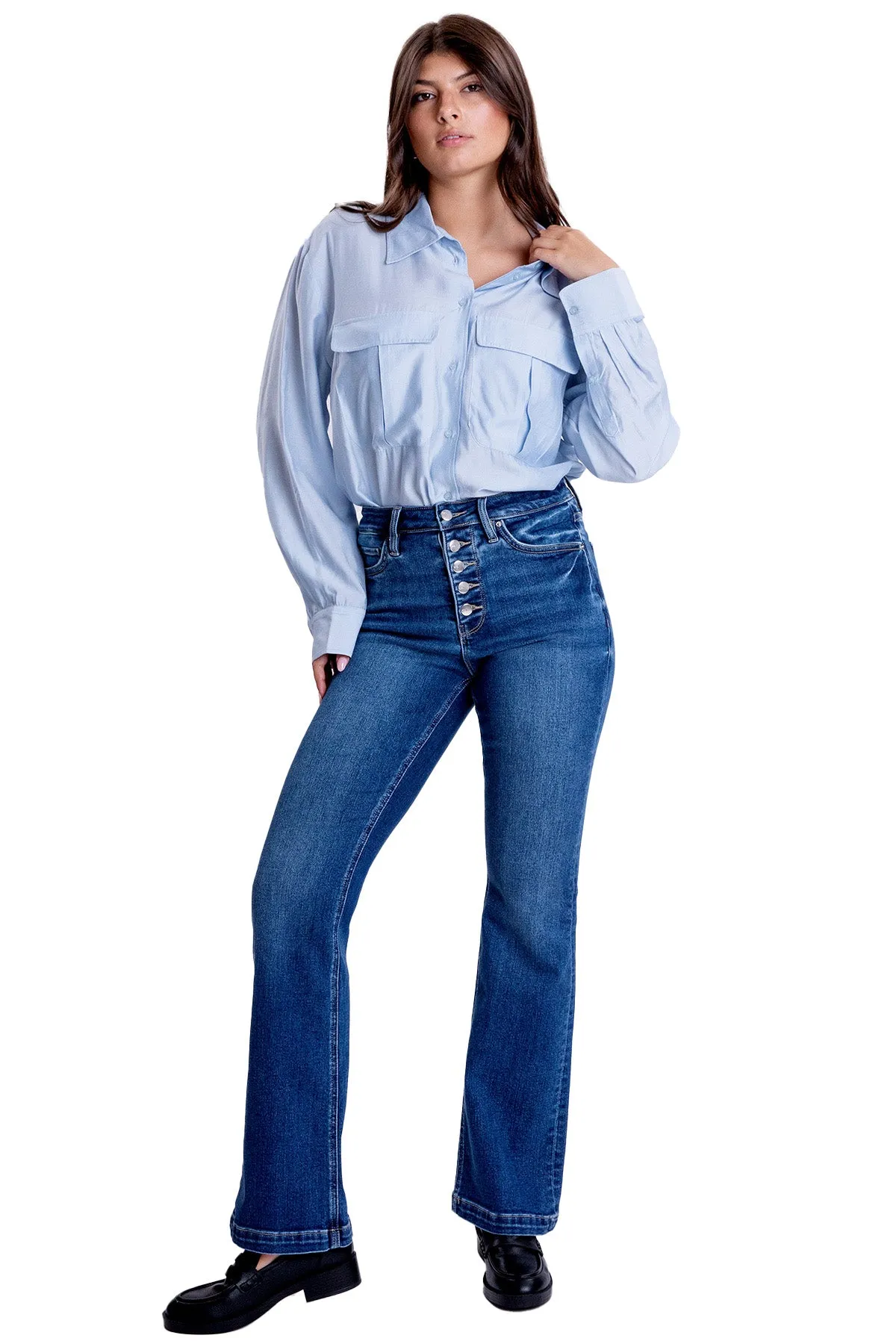 Mia High Rise Exposed Button Bootcut  Jeans