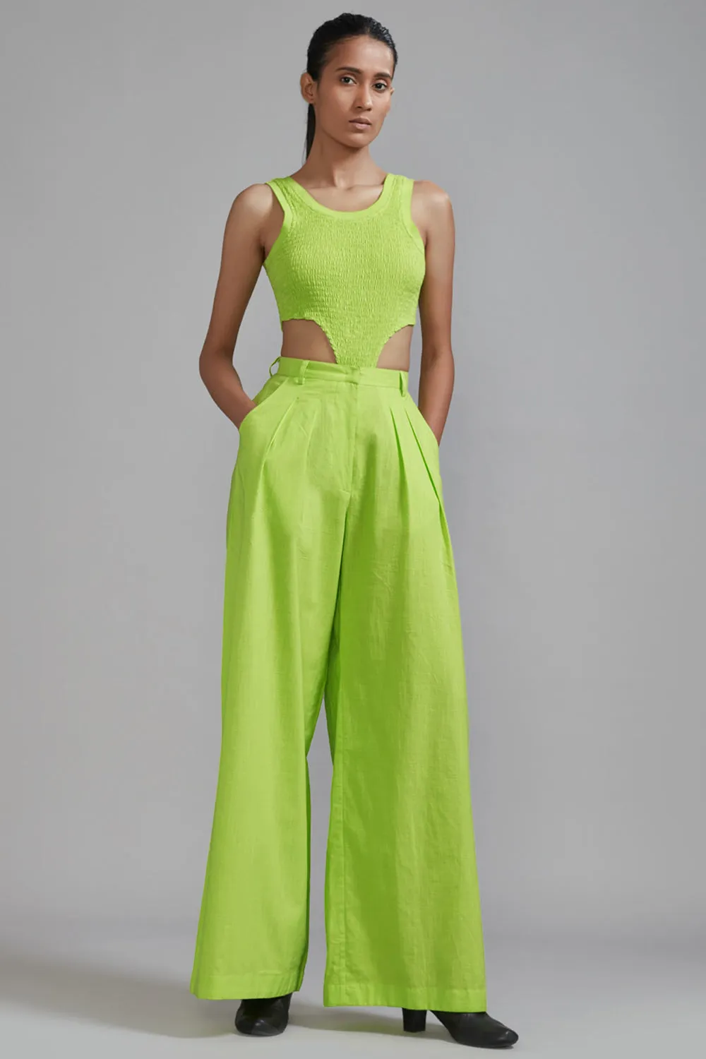 Neon Green Cotton Pleated Pant Set