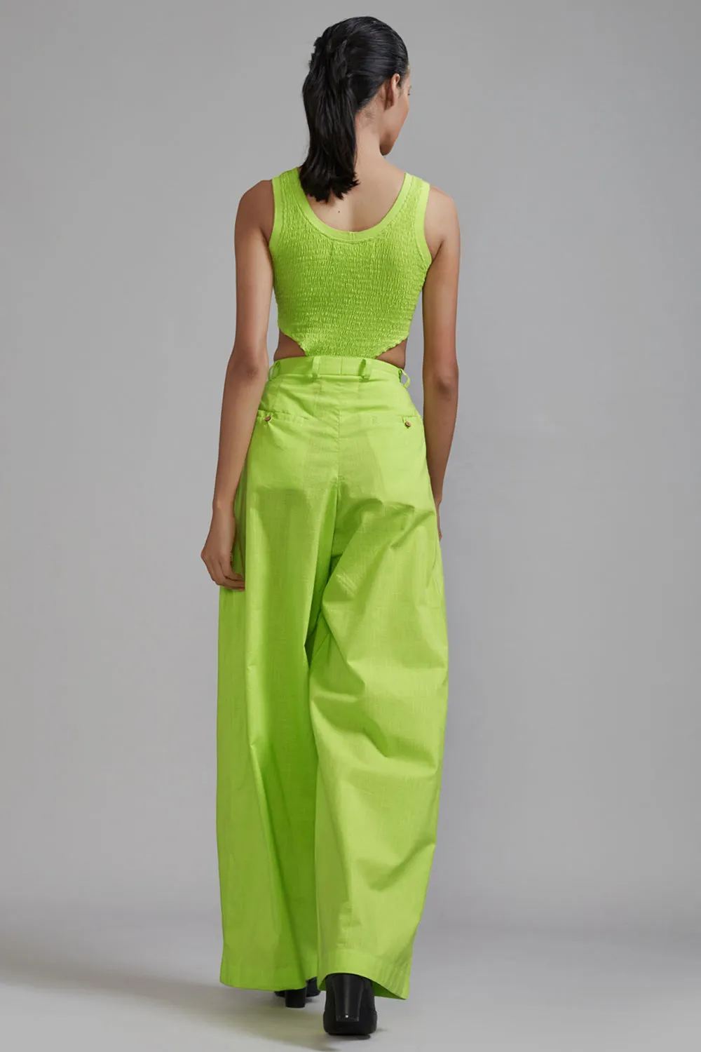 Neon Green Cotton Pleated Pant Set