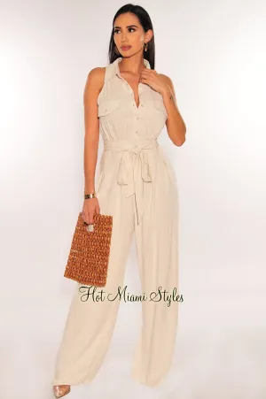 Nude Linen Sleeveless Collared Button Down Snatched Wide Leg Jumpsuit