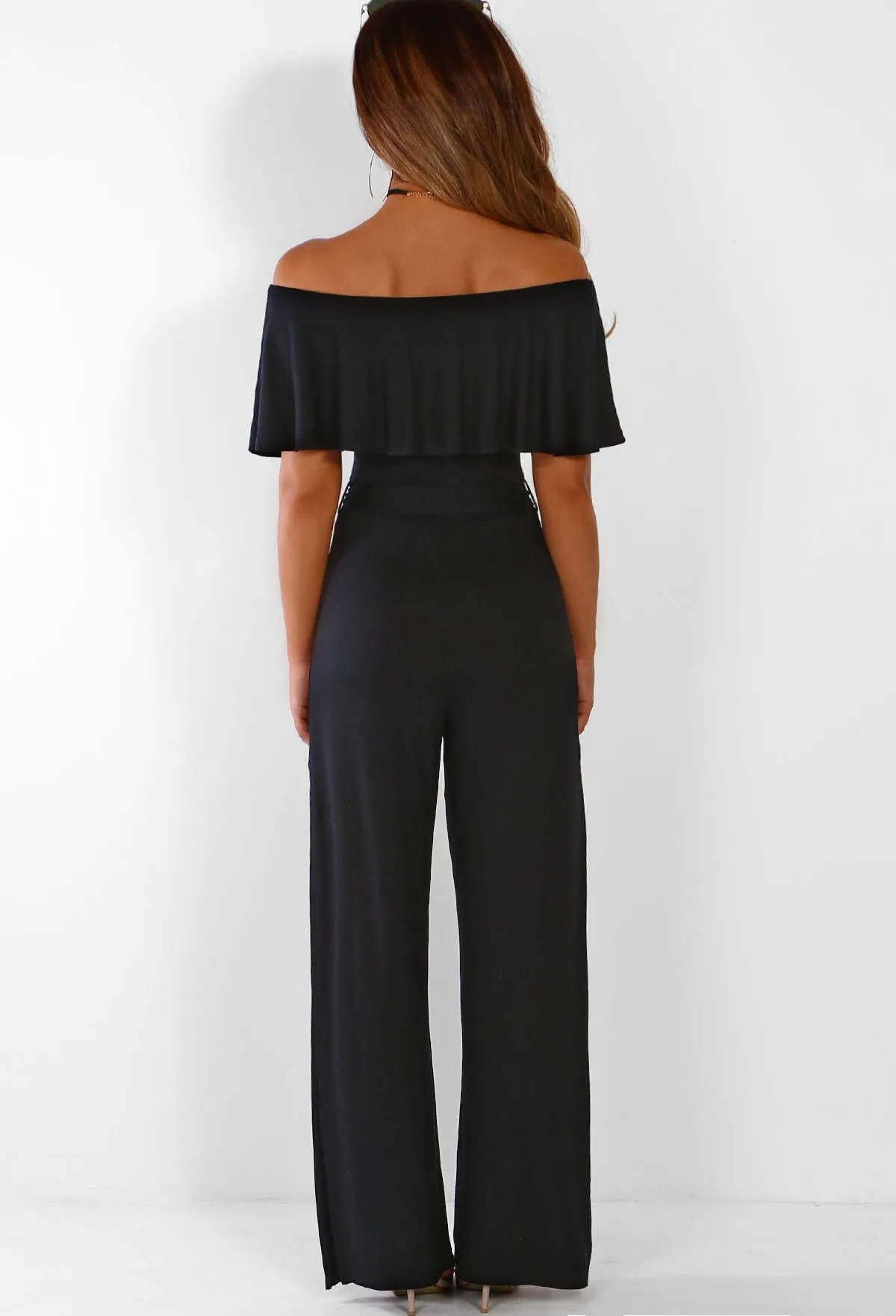 Oh So Chic Black Bardot Split Leg Jersey Jumpsuit