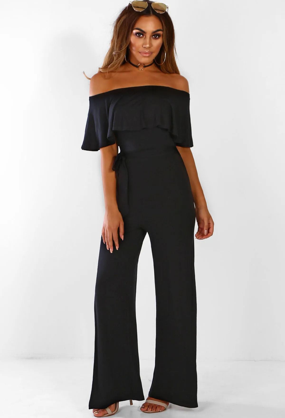 Oh So Chic Black Bardot Split Leg Jersey Jumpsuit