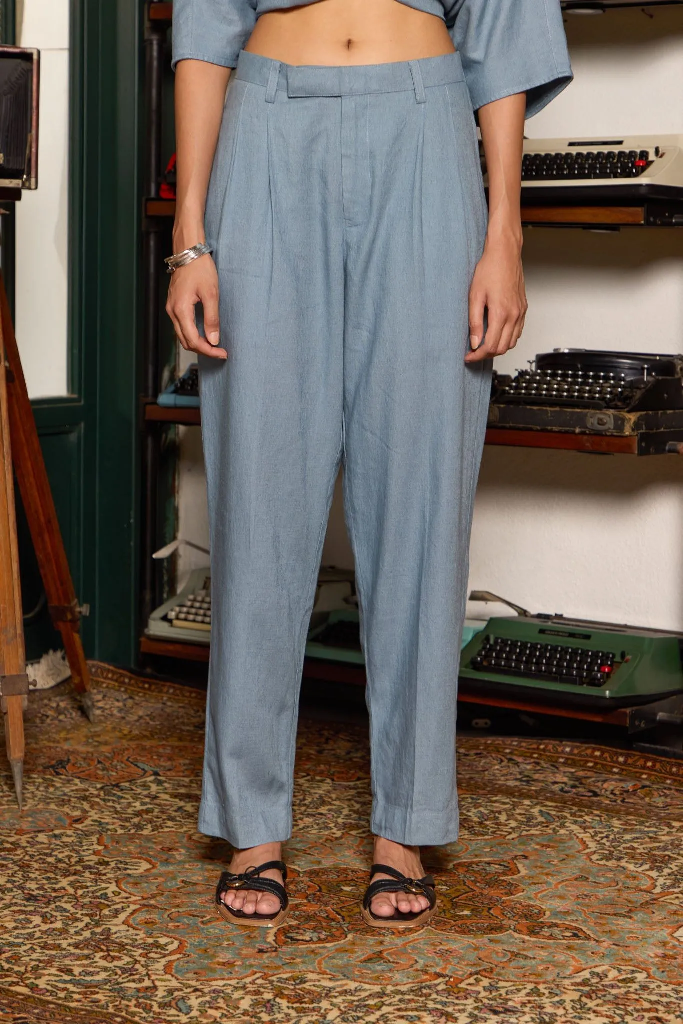 Pleated Linen Pants - Slate Blue