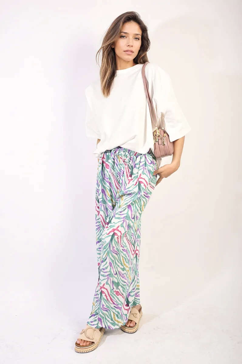 Pleated Wide Leg And Elastic Waist Trousers