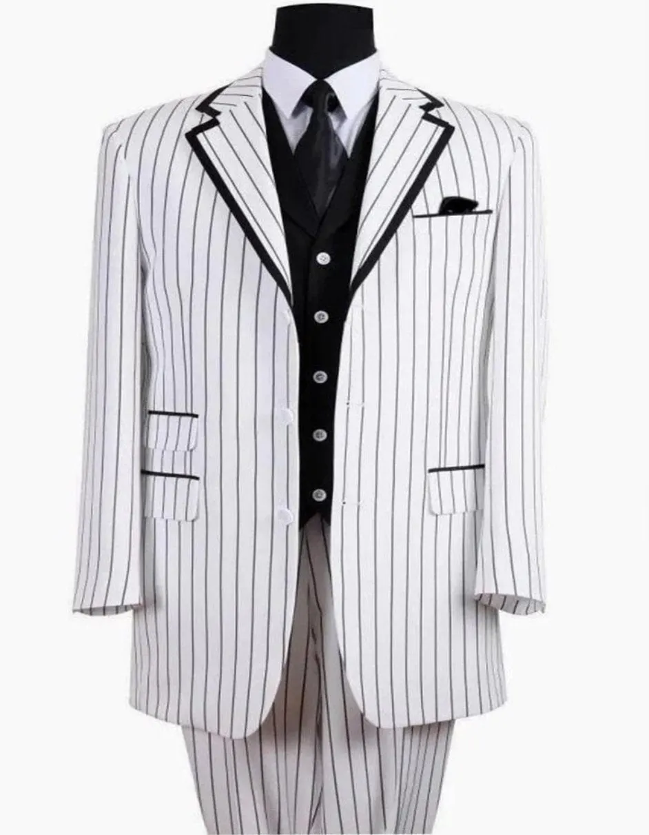 Pleated Dress Men Suits - Mens 3 Button Vested Barbershop Quartet White With Black Pinstripes