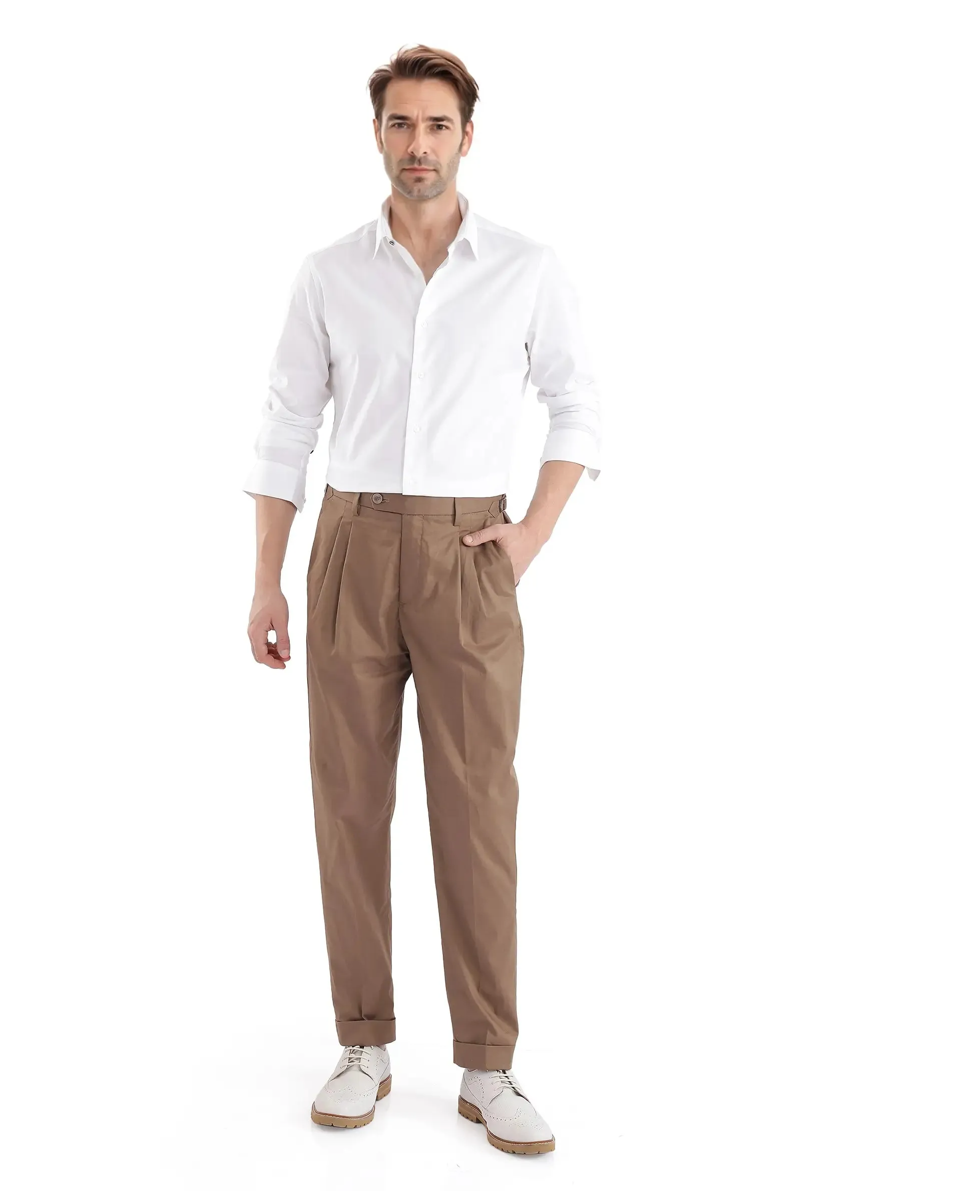 Rare Rabbit Men Lewit Khaki Cotton Fabric Adjustable Waistband Pleated Regular Fit Solid Trouser