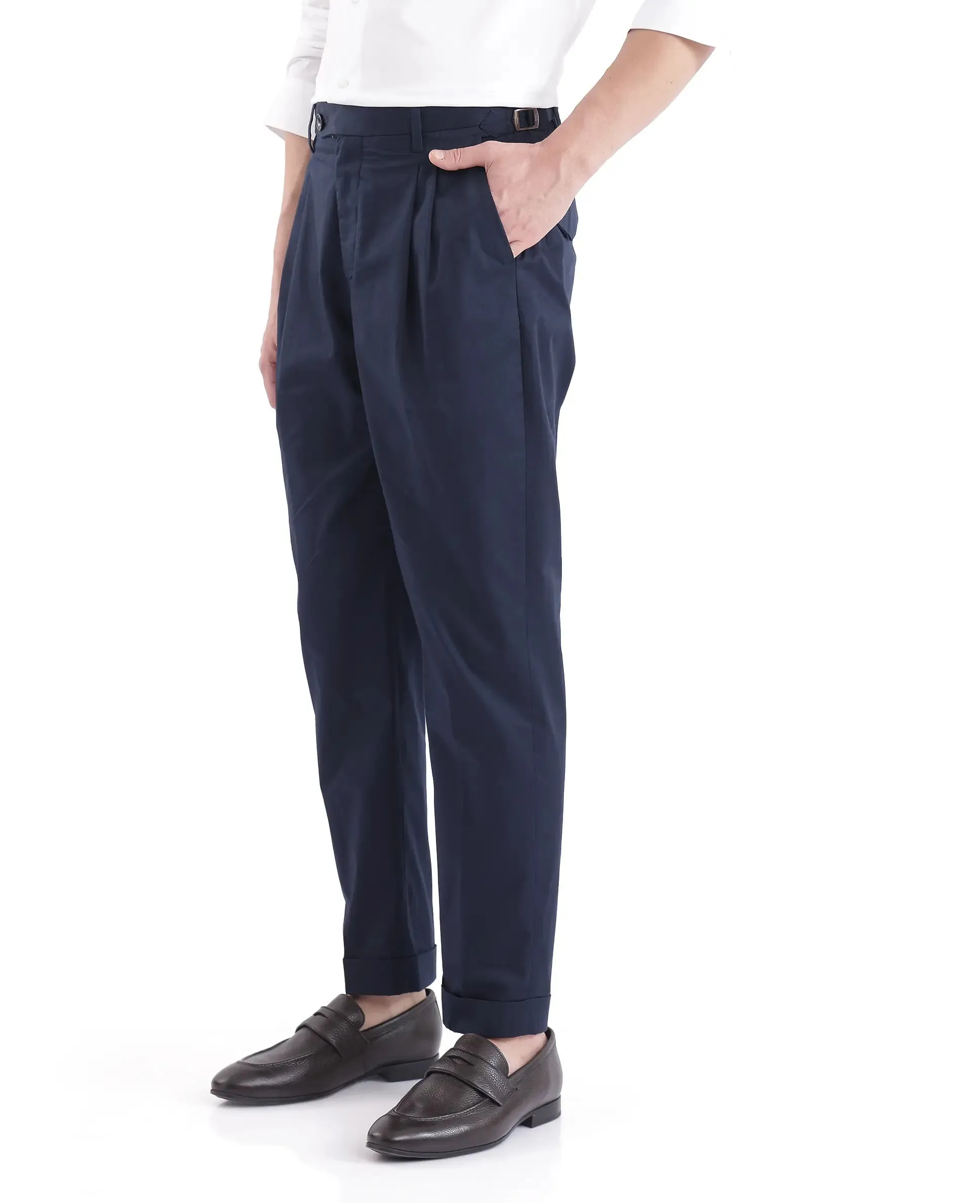 Rare Rabbit Men Lewit Navy Cotton Fabric Adjustable Waistband Pleated Regular Fit Solid Trouser