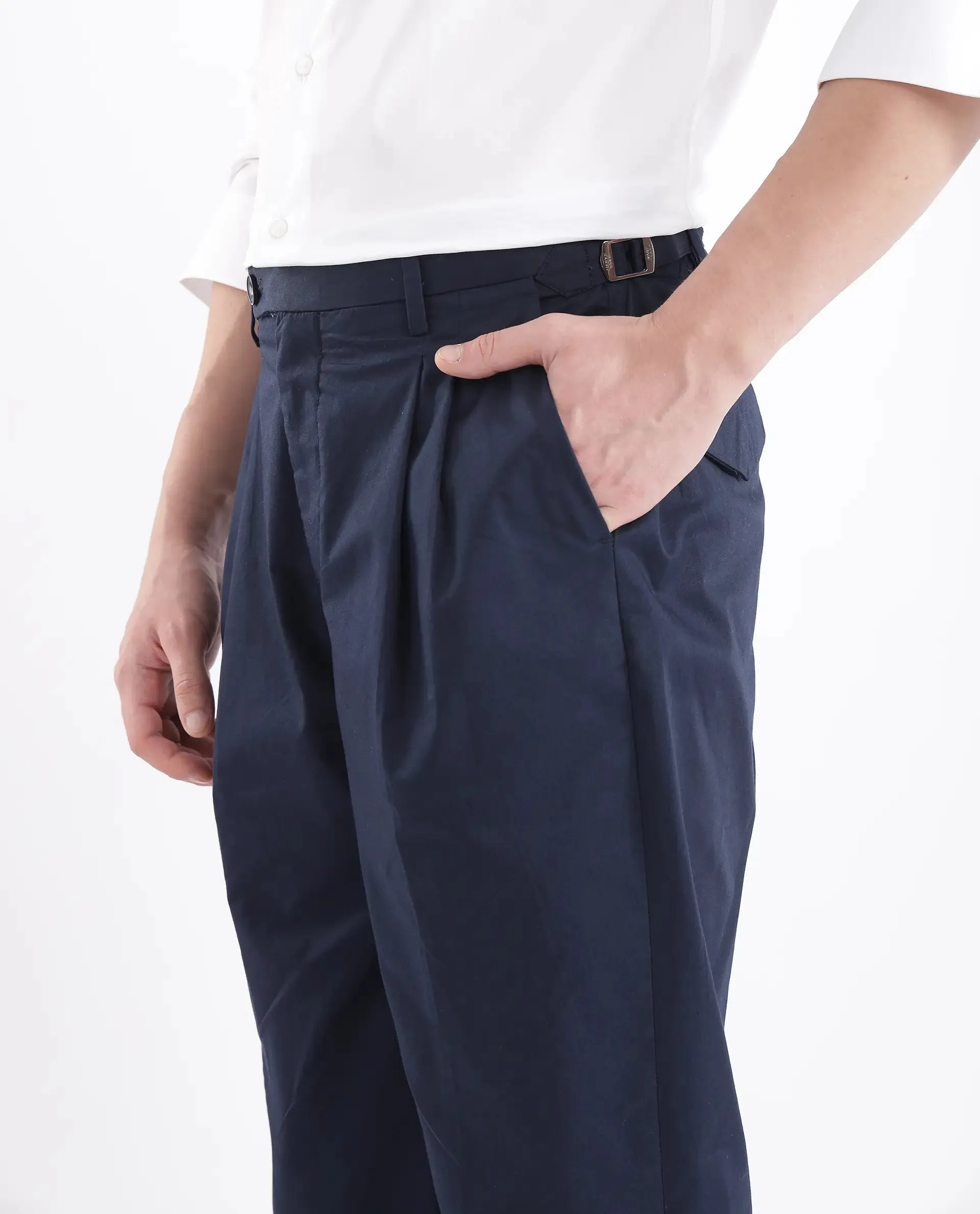 Rare Rabbit Men Lewit Navy Cotton Fabric Adjustable Waistband Pleated Regular Fit Solid Trouser