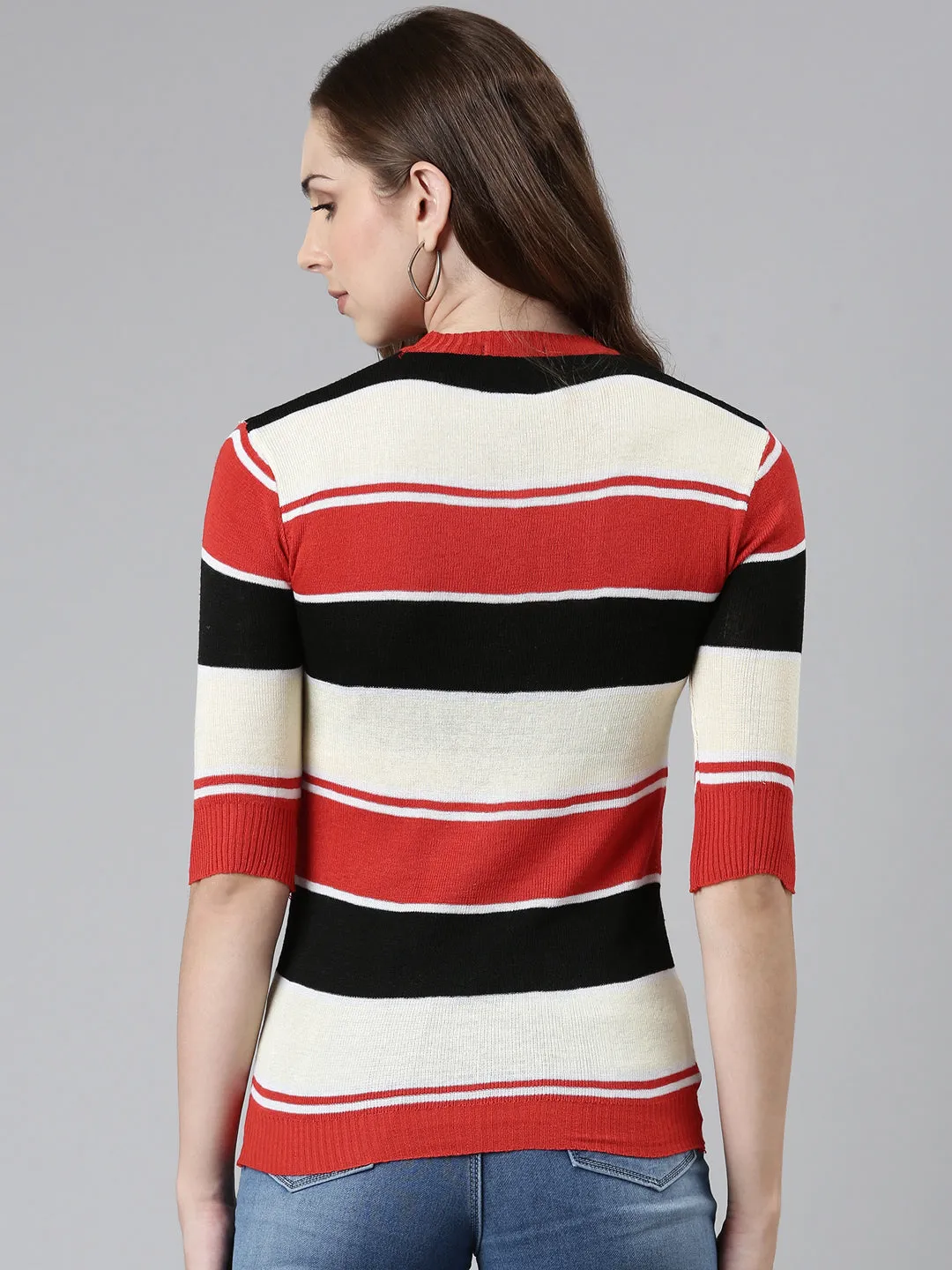 Round Neck Striped Cuffed Sleeves Regular Multi Top