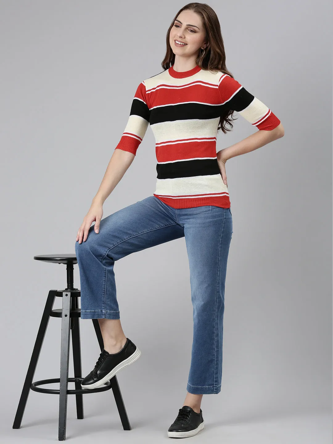 Round Neck Striped Cuffed Sleeves Regular Multi Top