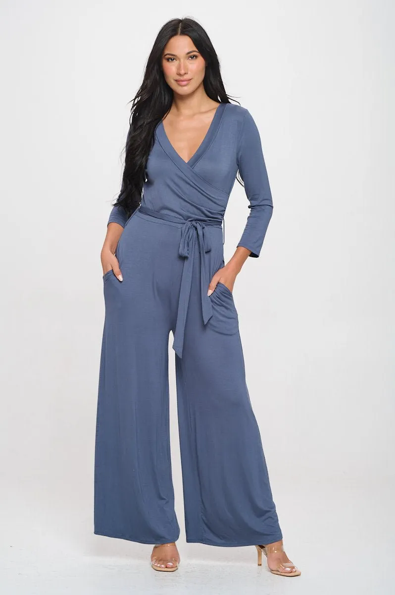 Shay Surplice Neck Three Quarter Sleeve Jumpsuit