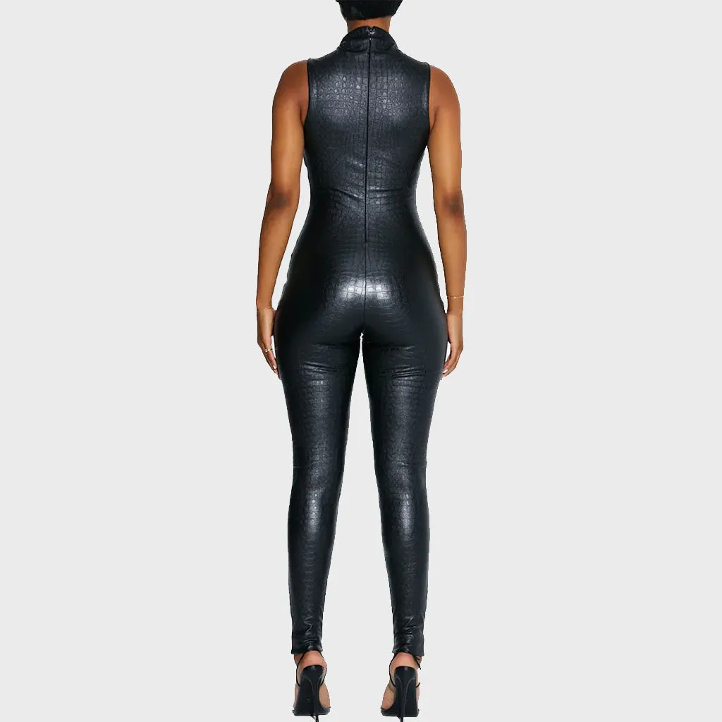 Sleeveless Black Leather Jumpsuit