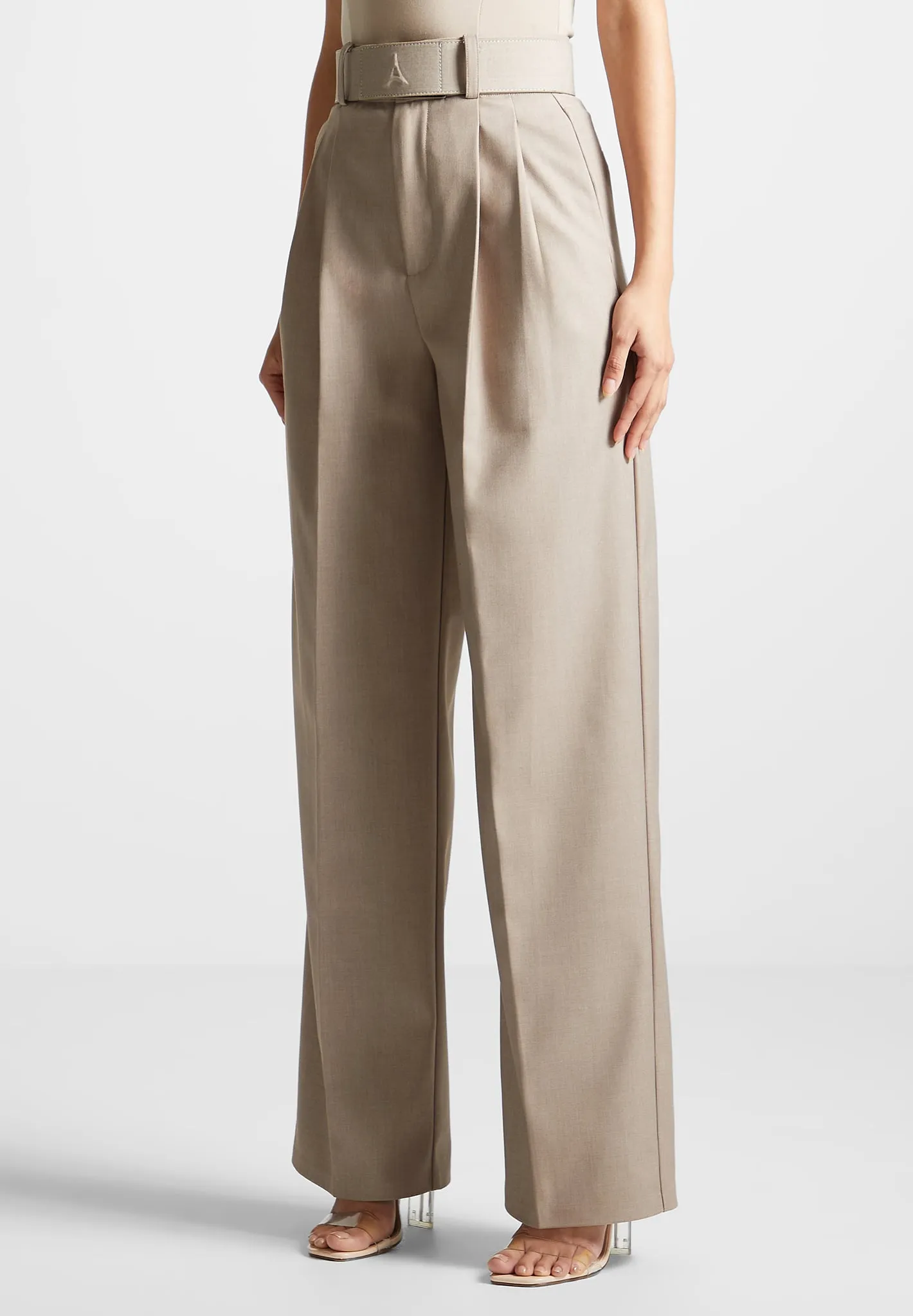 Tailored Pleated Trousers with Eiffel Belt - Taupe