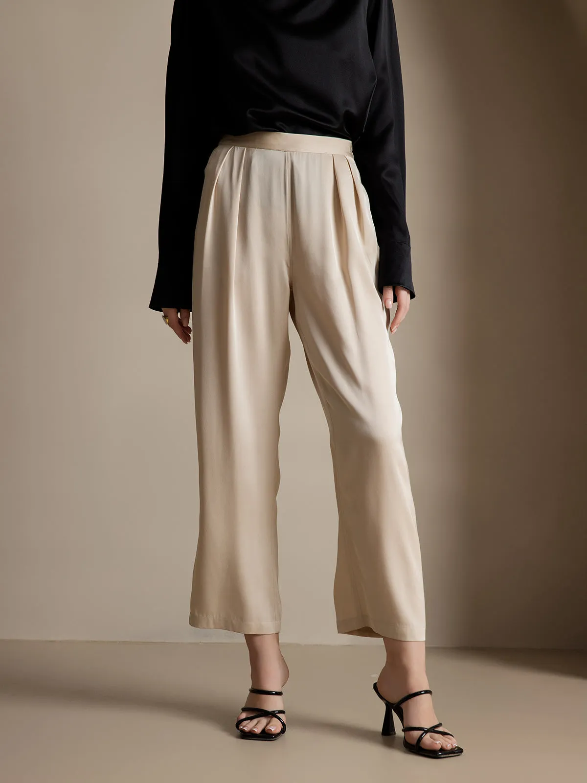 Timeless Elegant Pleated Wide-Leg Silk Long Pants